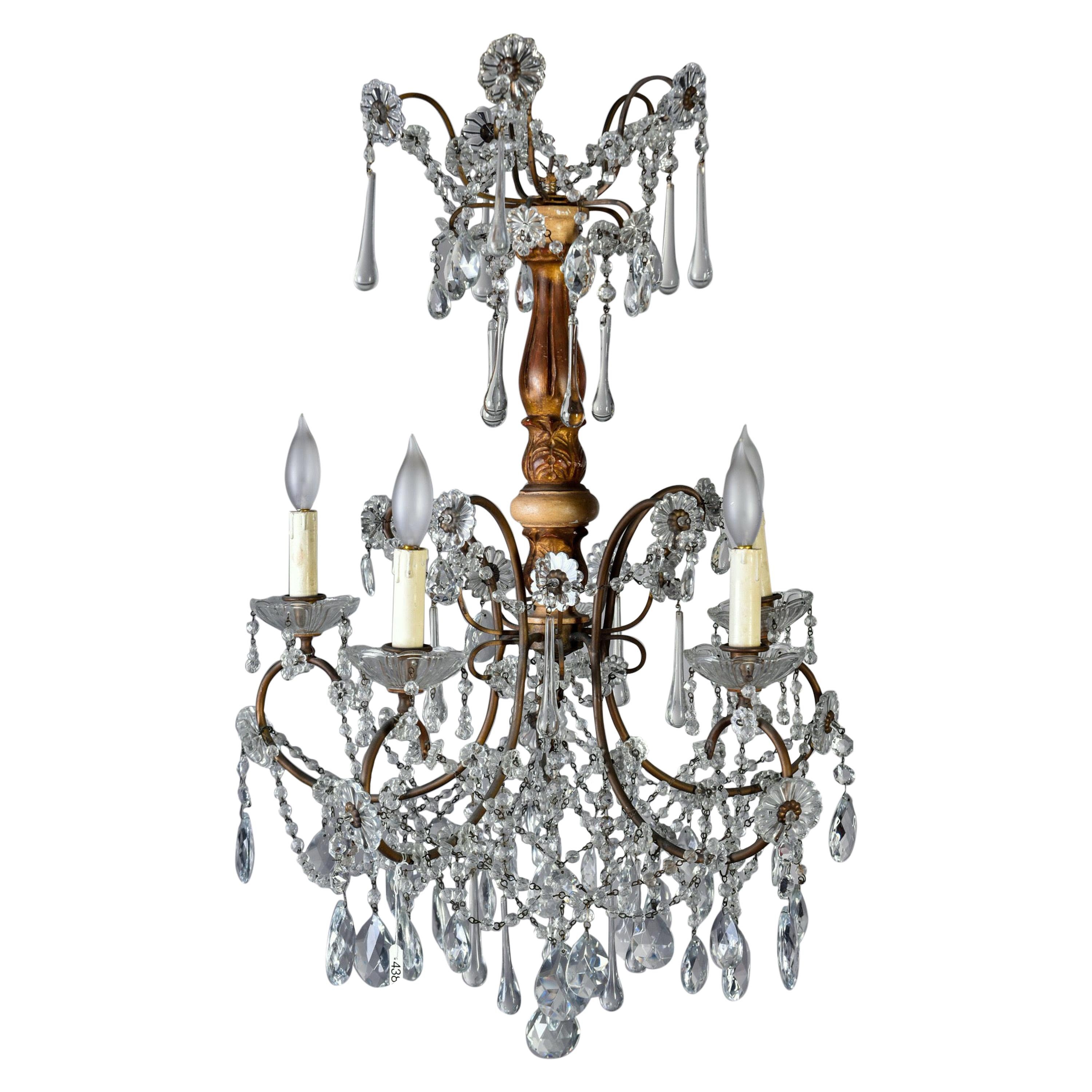 Early 20th Century Italian Five Light Crystal and Giltwood Chandelier