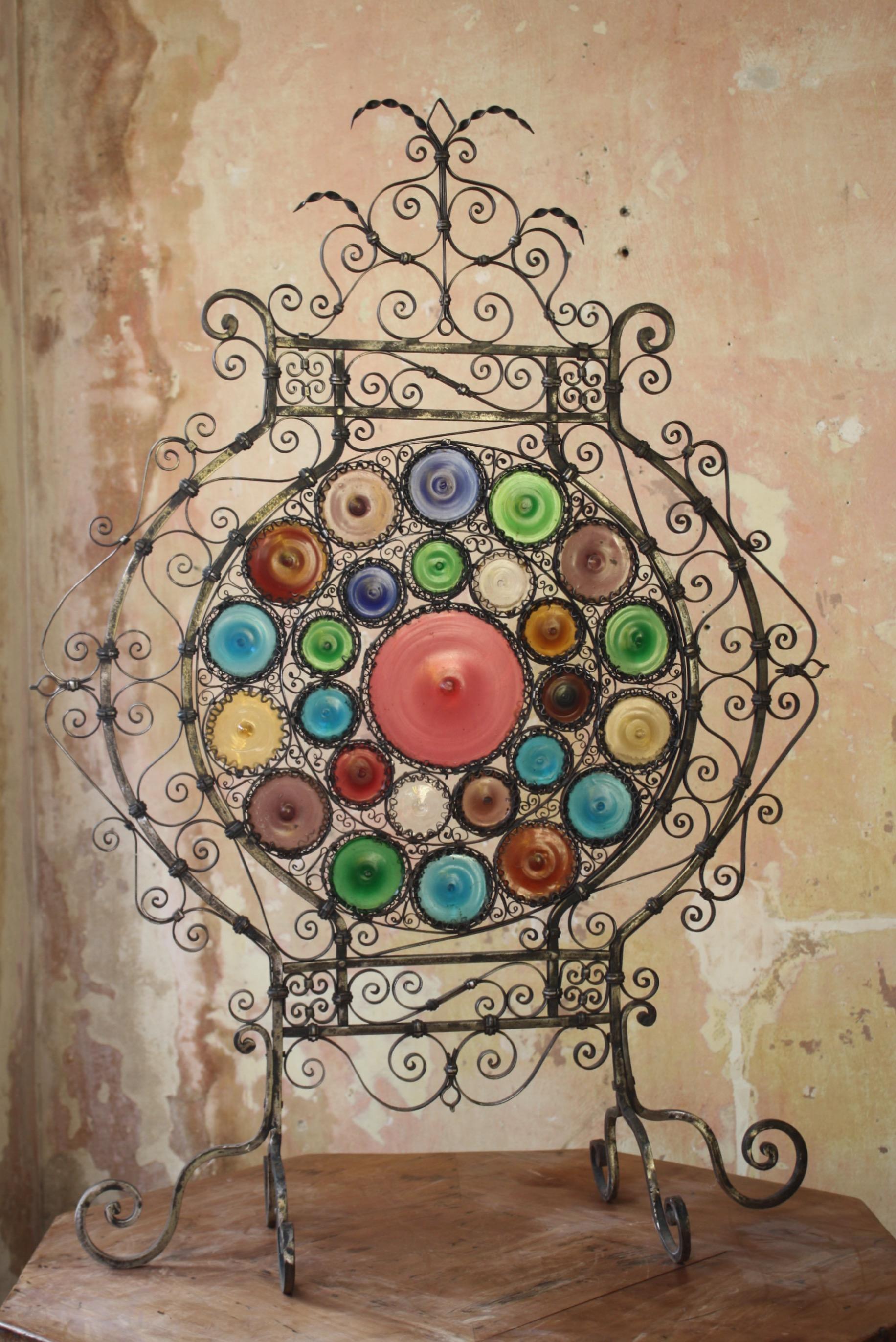 Early 20th C Italian Venetian Wrought Iron and Stained Murano Glass Fire Screen 5