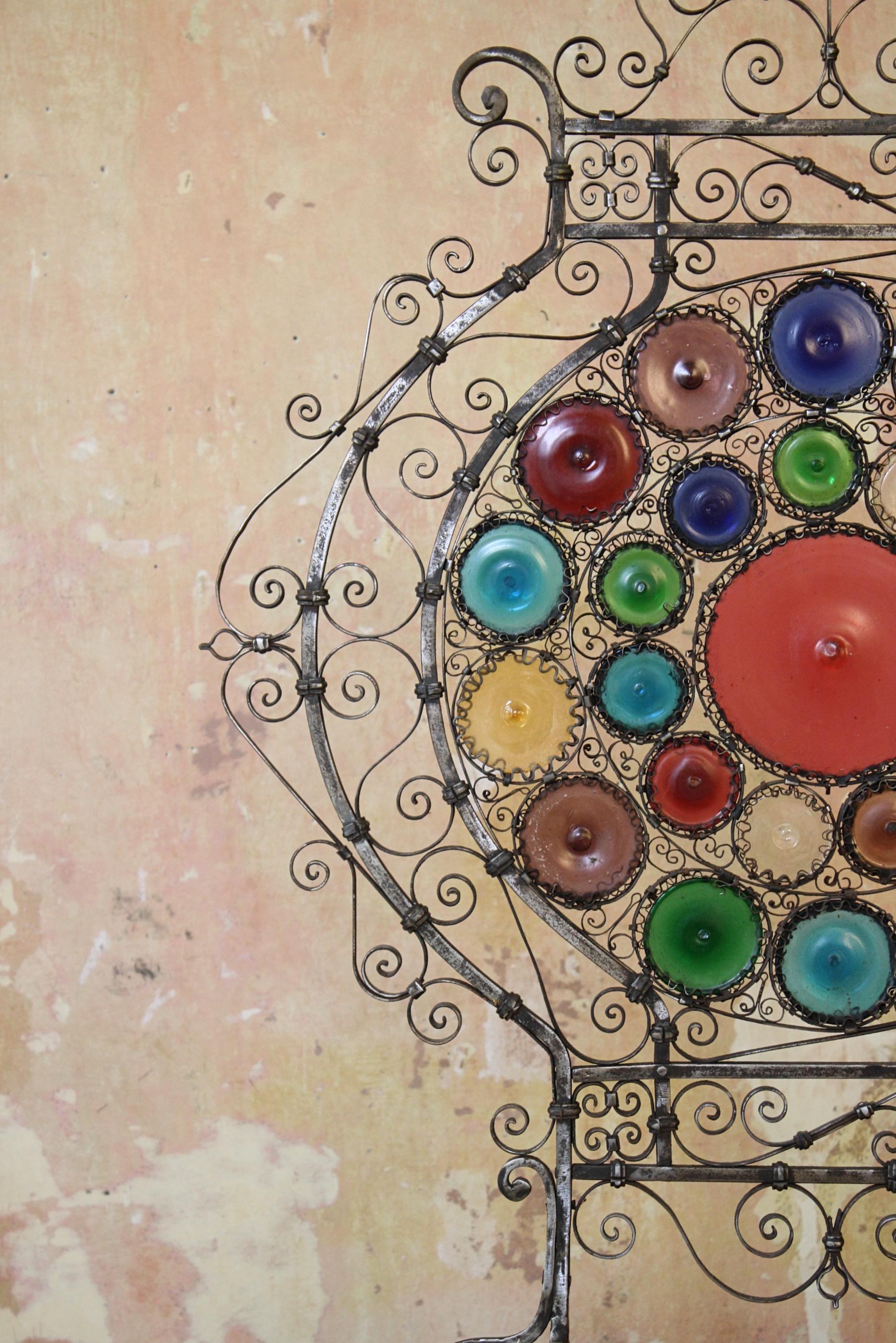 Early 20th C Italian Venetian Wrought Iron and Stained Murano Glass Fire Screen 6