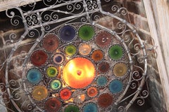 Early 20th C Italian Venetian Wrought Iron and Stained Murano Glass Fire Screen