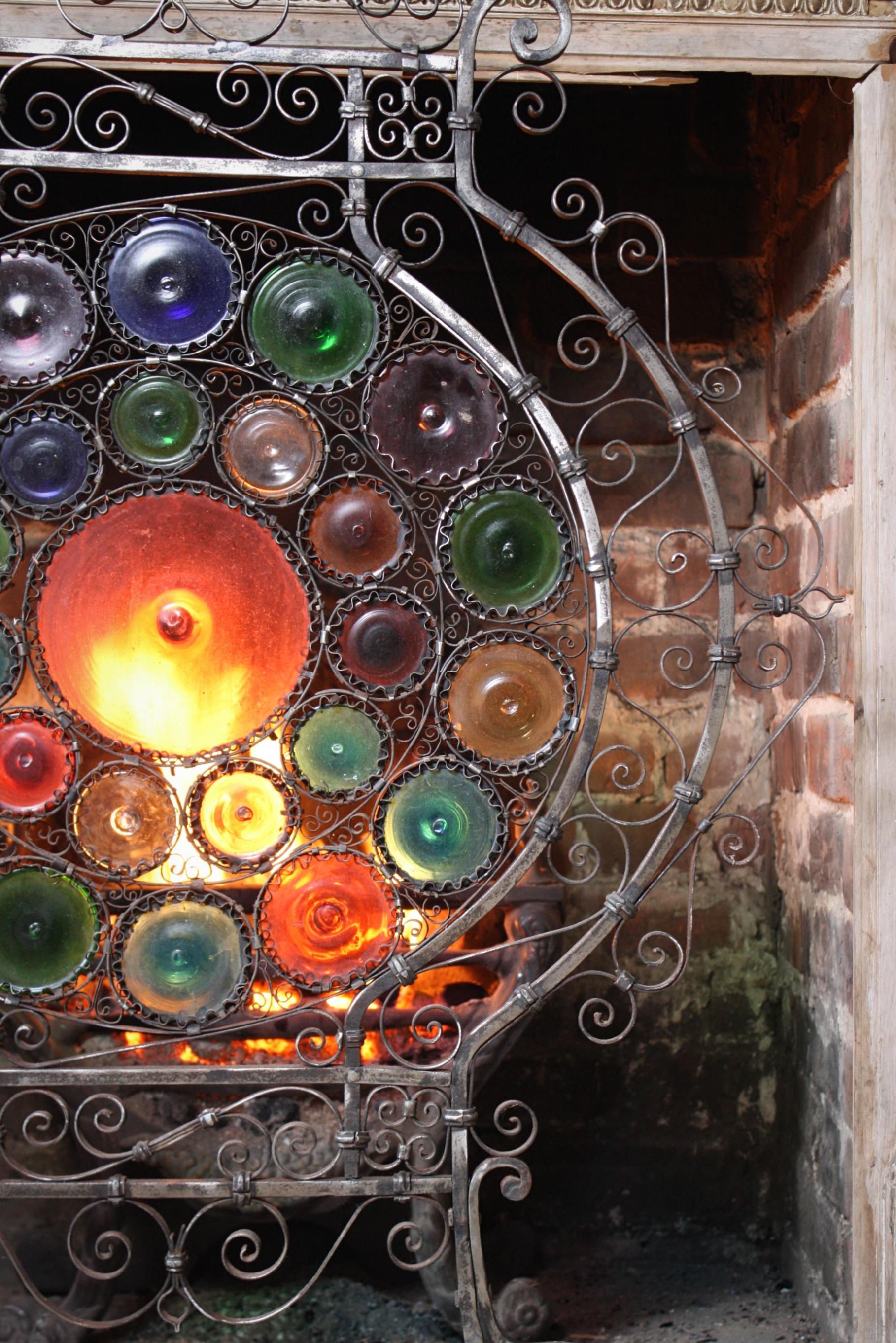 20th Century Early 20th C Italian Venetian Wrought Iron and Stained Murano Glass Fire Screen