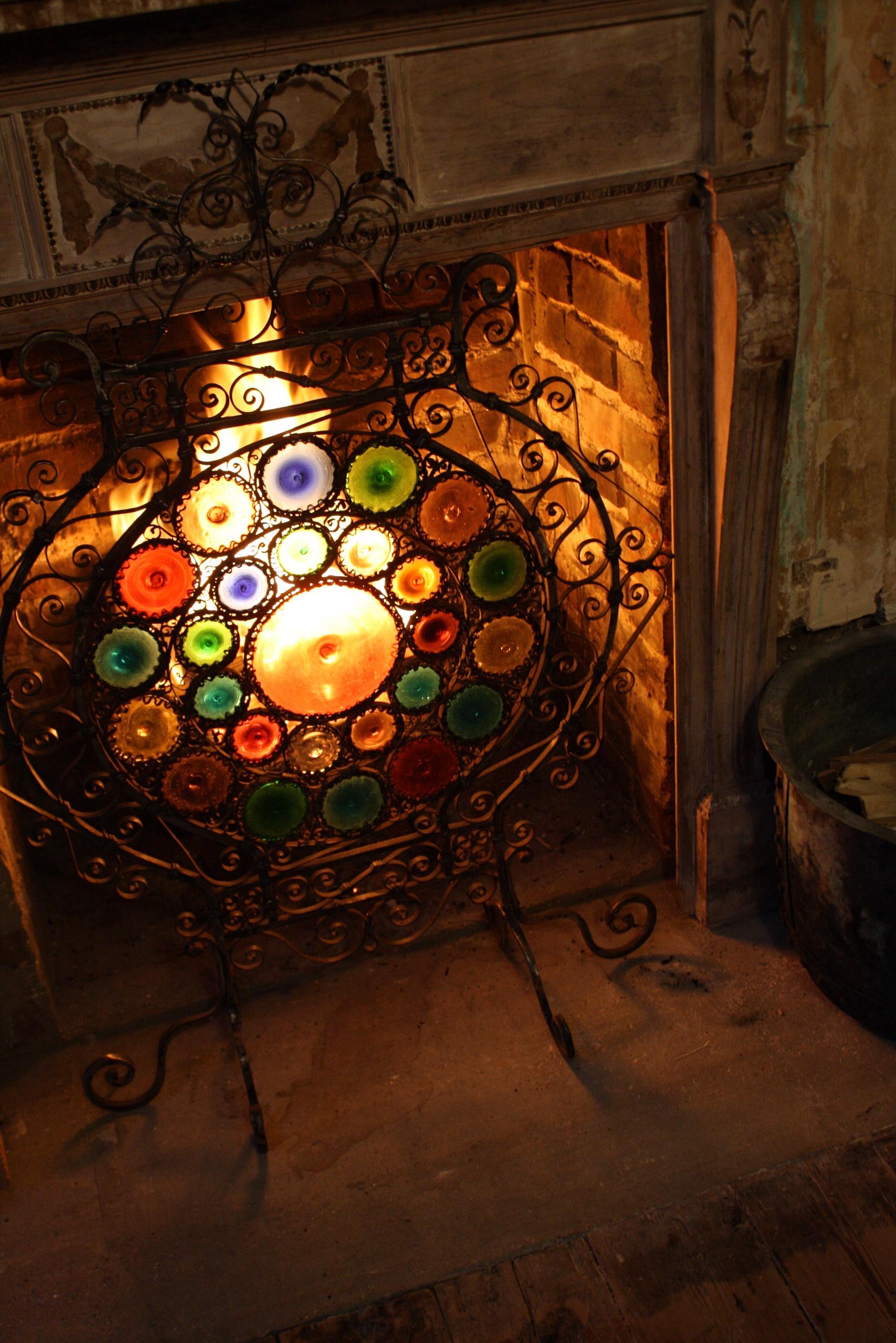 Early 20th C Italian Venetian Wrought Iron and Stained Murano Glass Fire Screen 1