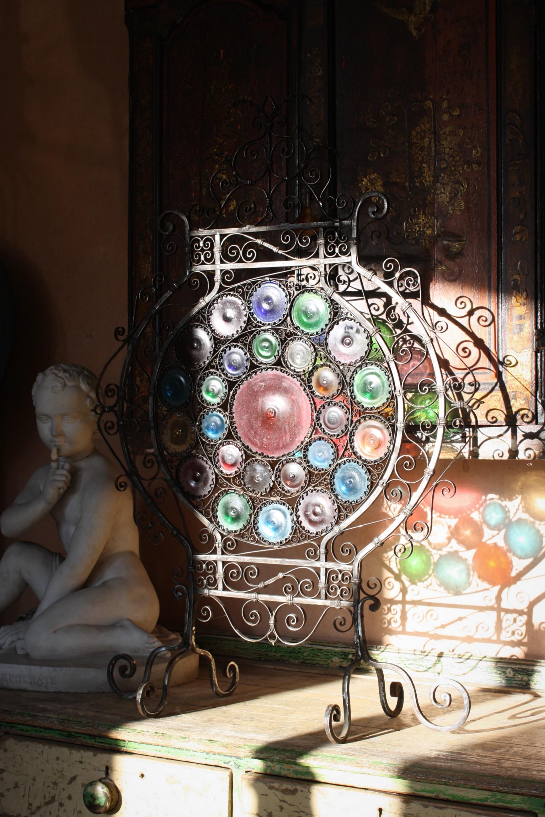 Early 20th C Italian Venetian Wrought Iron and Stained Murano Glass Fire Screen 3