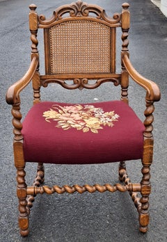 Early 20th C. Jacobean Style Barley Twist Oak, Cane an Upholstered Seat Armchair