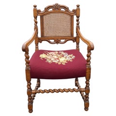 Early 20th C. Jacobean Style Barley Twist Oak, Cane an Upholstered Seat Armchair
