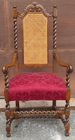 Early 20th C. Jacobean Style Barley Twist Oak, Cane & Upholstered Seat Armchair