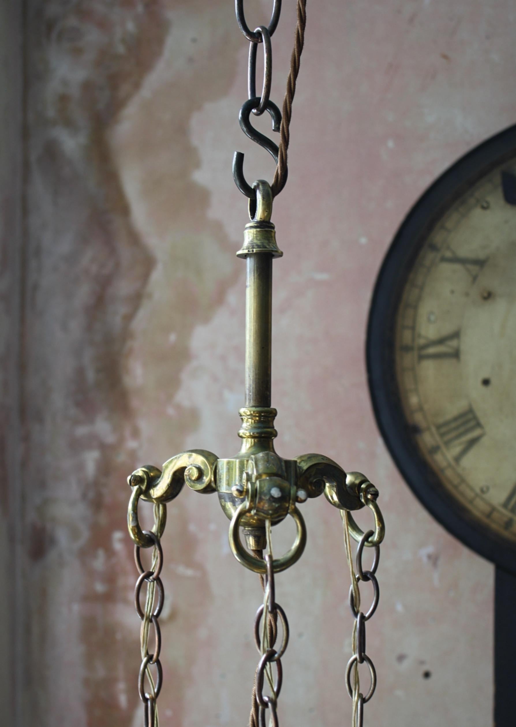 Early 20th C Jefferson & Co. for G.E.C Moonstone Brass Chandelier Light Pendant For Sale 6