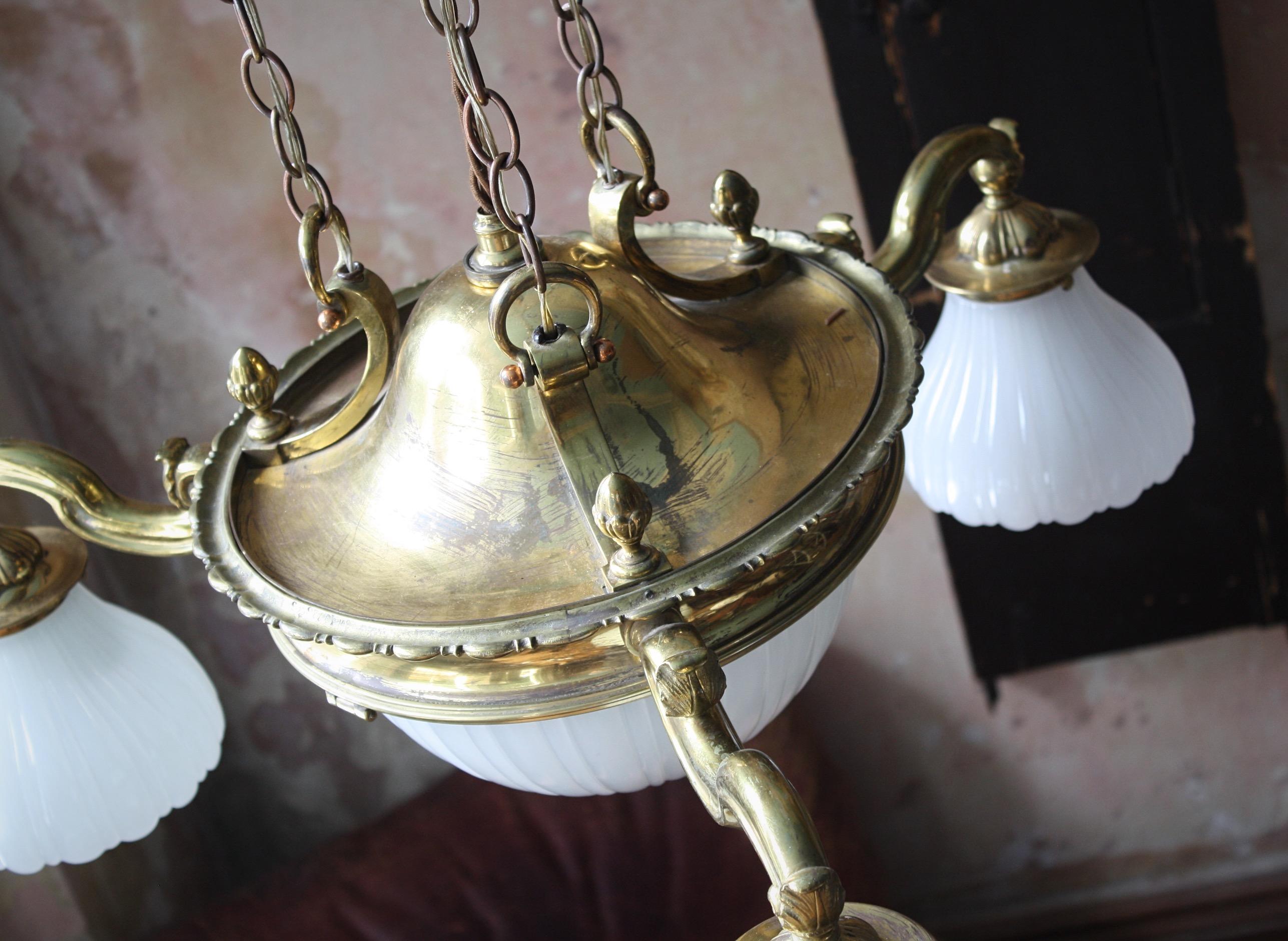 Early 20th C Jefferson & Co. for G.E.C Moonstone Brass Chandelier Light Pendant For Sale 7