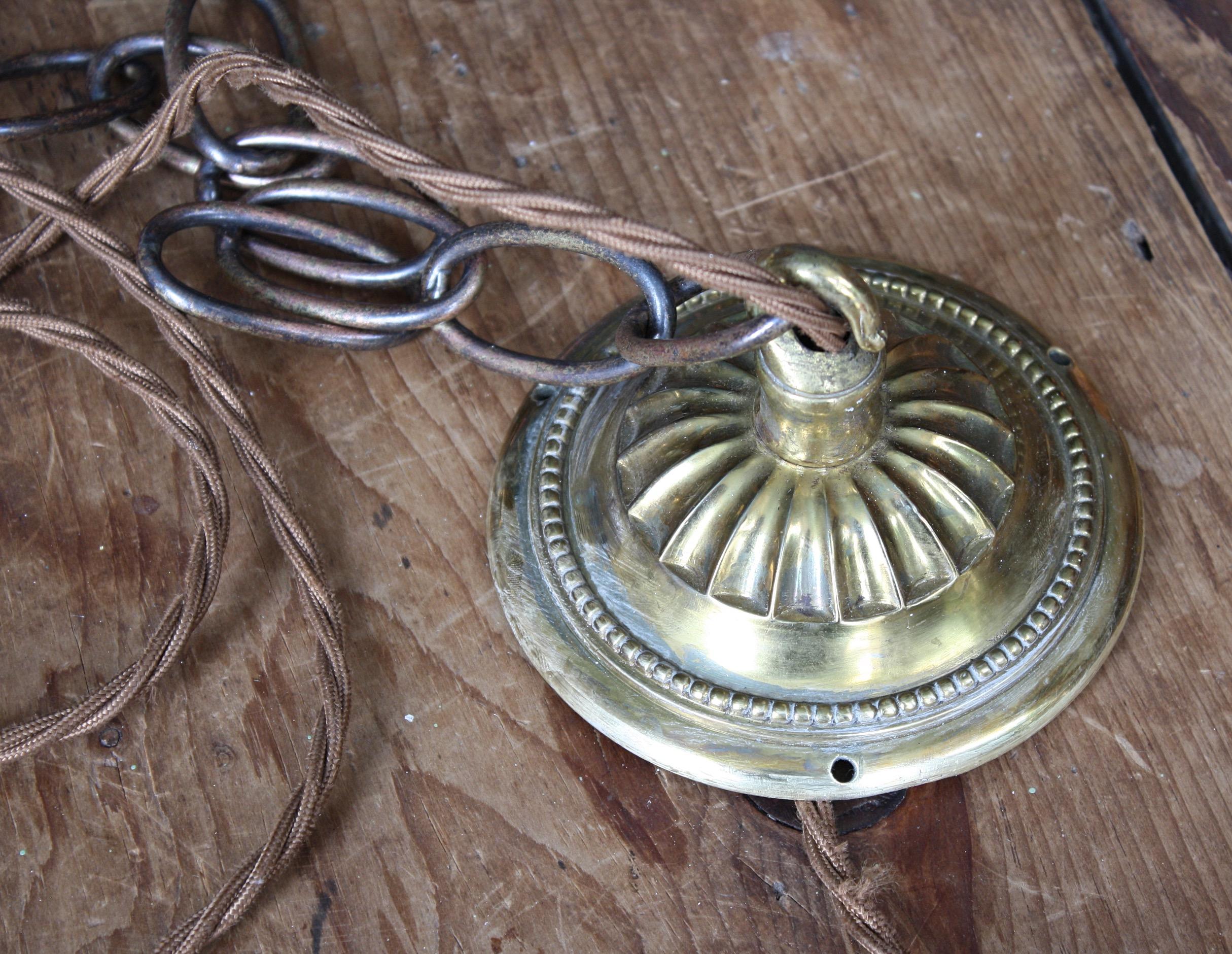 Early 20th C Jefferson & Co. for G.E.C Moonstone Brass Chandelier Light Pendant For Sale 11