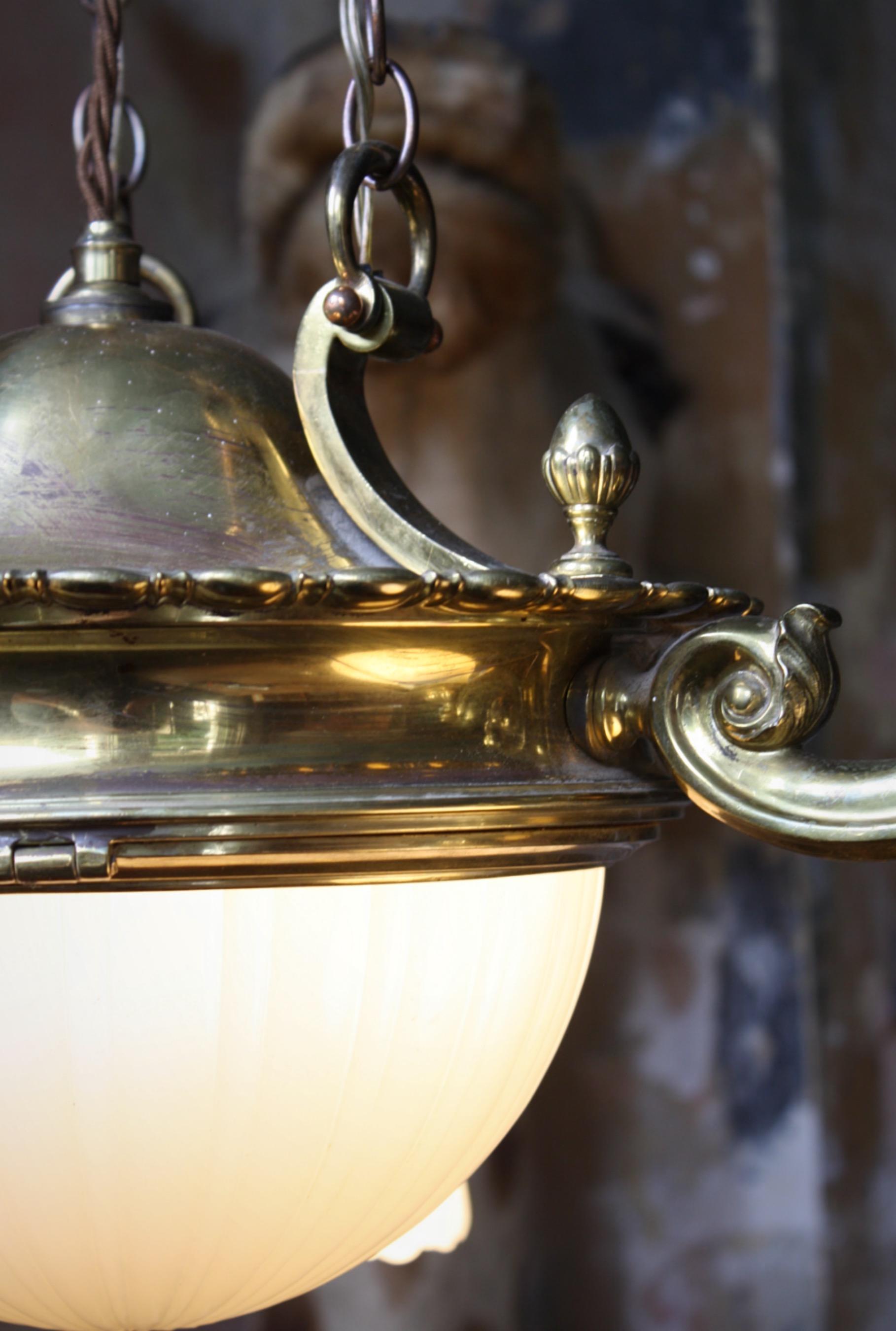 Early 20th C Jefferson & Co. for G.E.C Moonstone Brass Chandelier Light Pendant For Sale 3