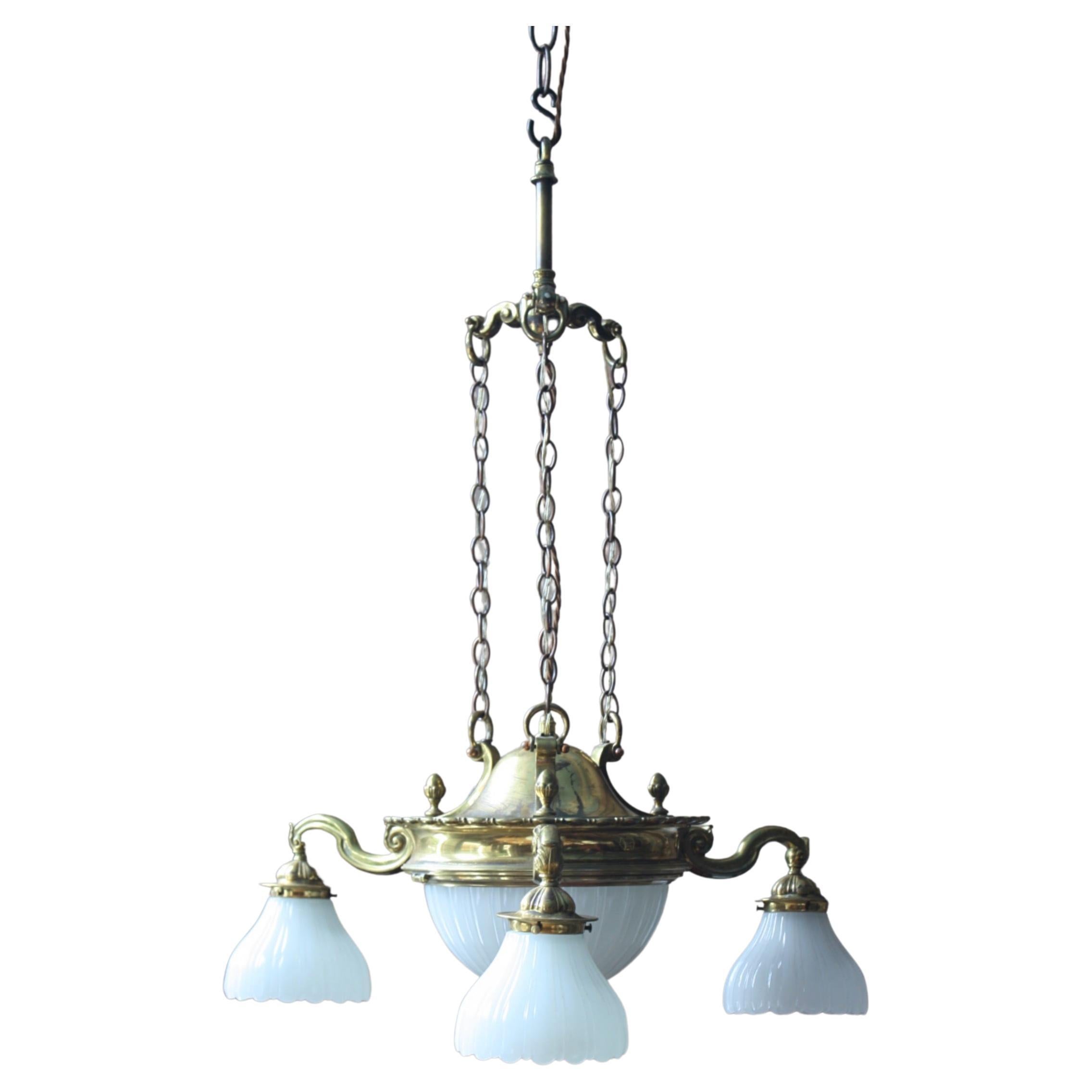 Early 20th C Jefferson & Co. for G.E.C Moonstone Brass Chandelier Light Pendant For Sale