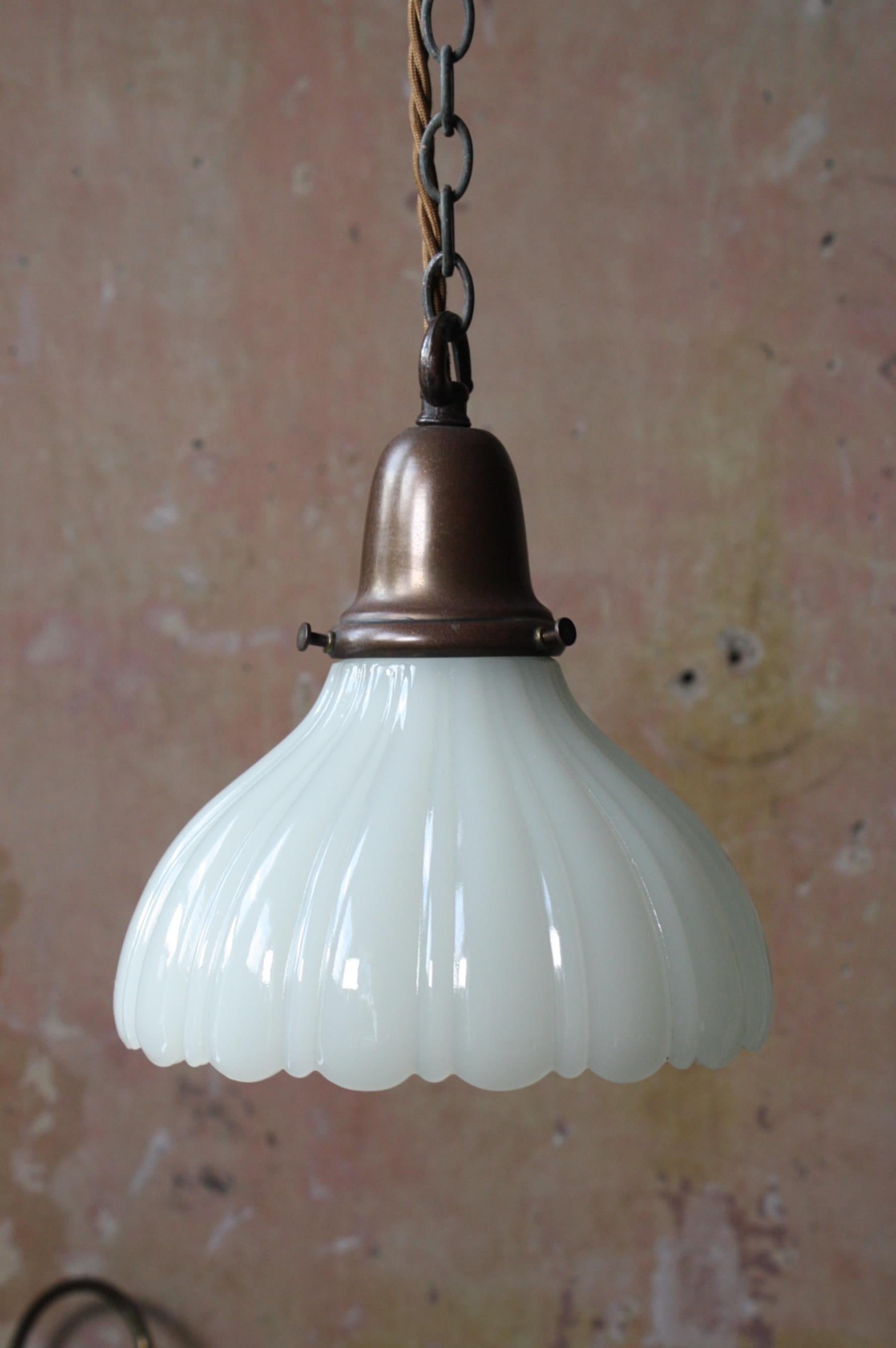 Early 20th C Jefferson Copper & Opaline Pantry Country House Pendant Light In Good Condition In Lowestoft, GB