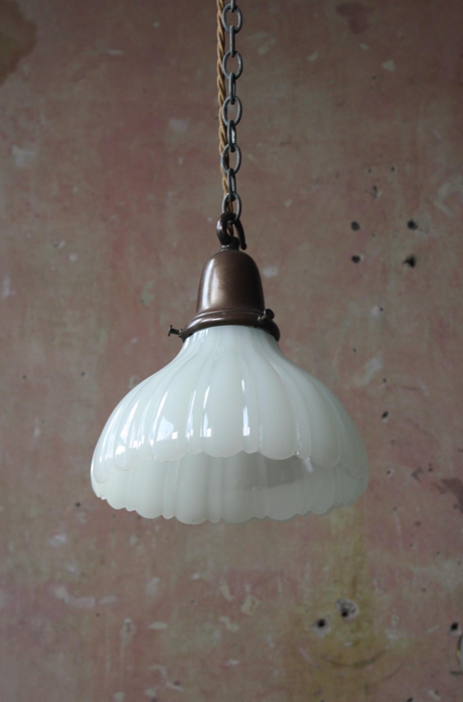 20th Century Early 20th C Jefferson Copper & Opaline Pantry Country House Pendant Light