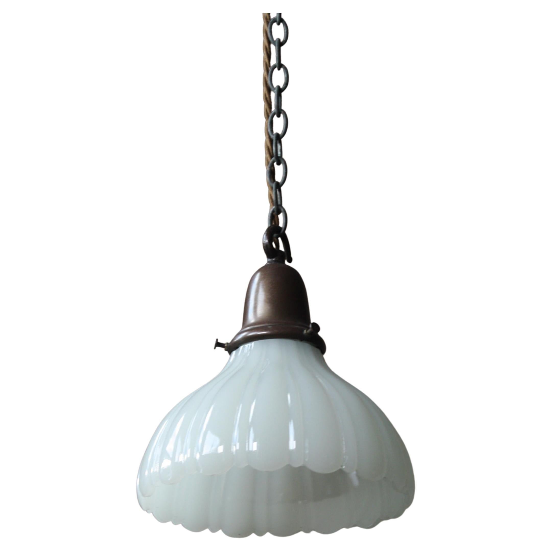 Early 20th C Jefferson Copper & Opaline Pantry Country House Pendant Light