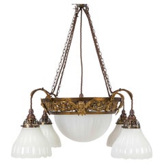 Antique Early 20th C Jefferson 'Moonstone' Milk Glass Chandelier Lamp, c.1915