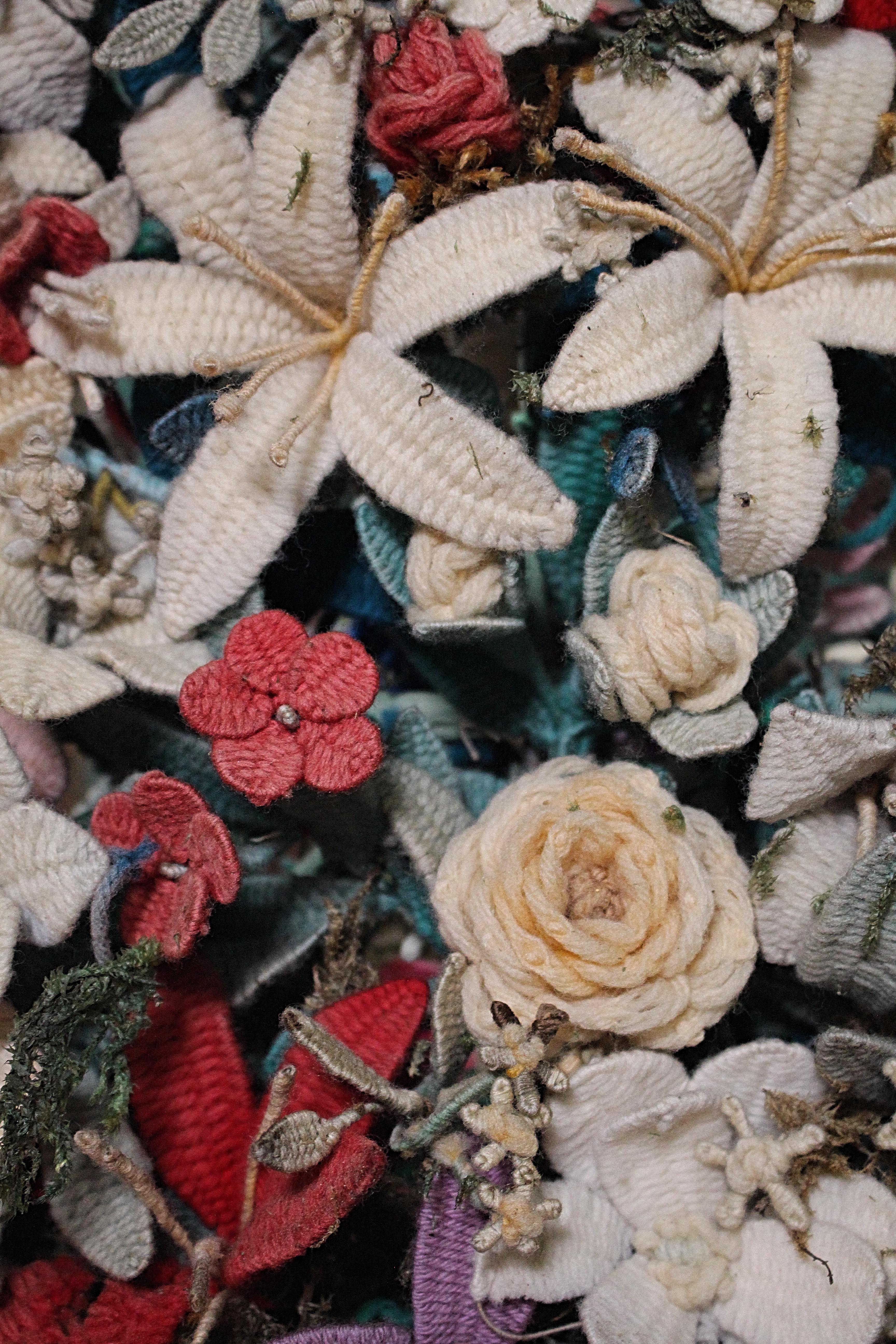 Early 20th C Knitted Flower Display Under Glass Dome Stumpwork Folk Art Curio For Sale 4