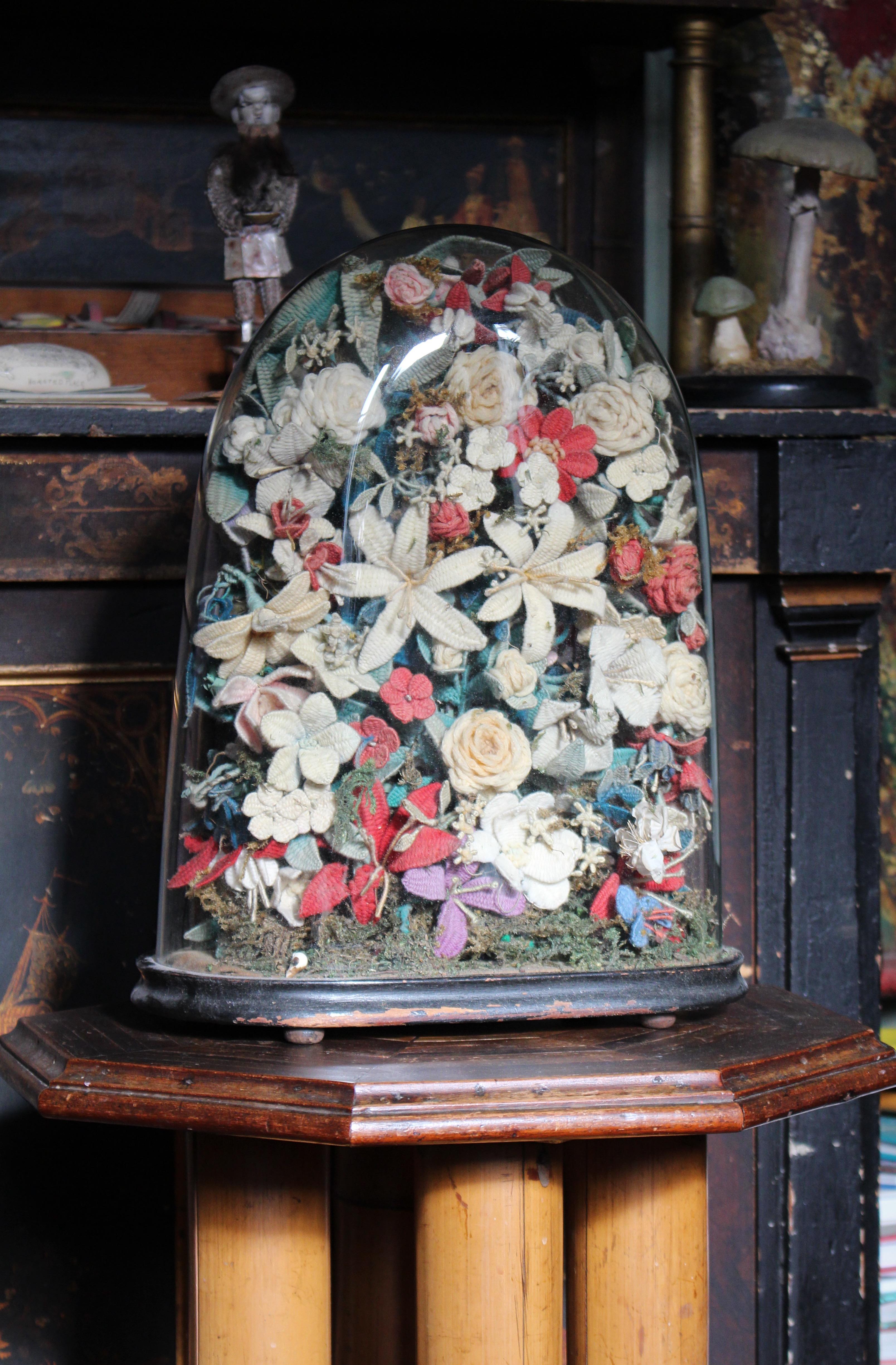 Early 20th C Knitted Flower Display Under Glass Dome Stumpwork Folk Art Curio For Sale 5