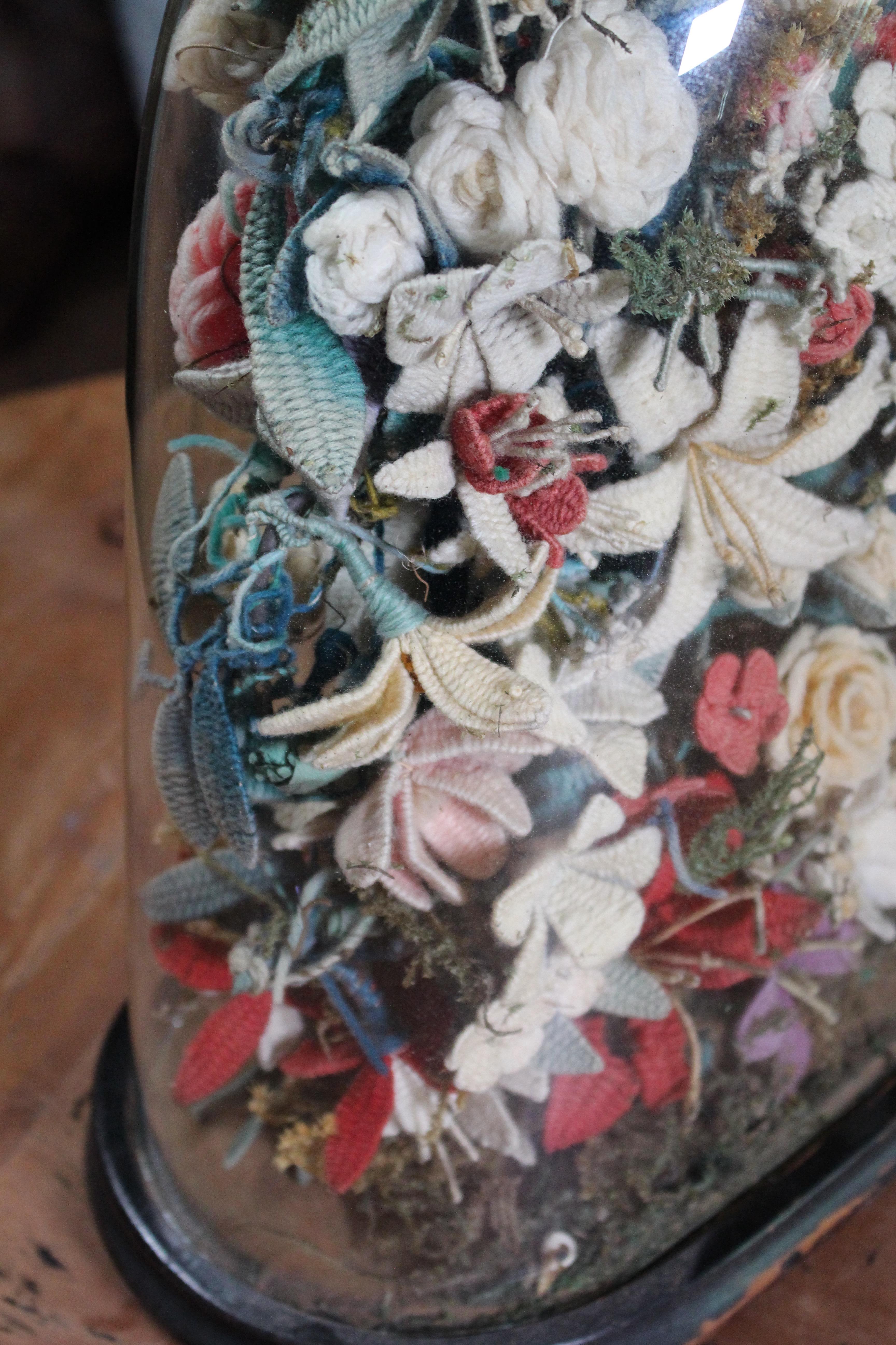 Edwardian Early 20th C Knitted Flower Display Under Glass Dome Stumpwork Folk Art Curio For Sale