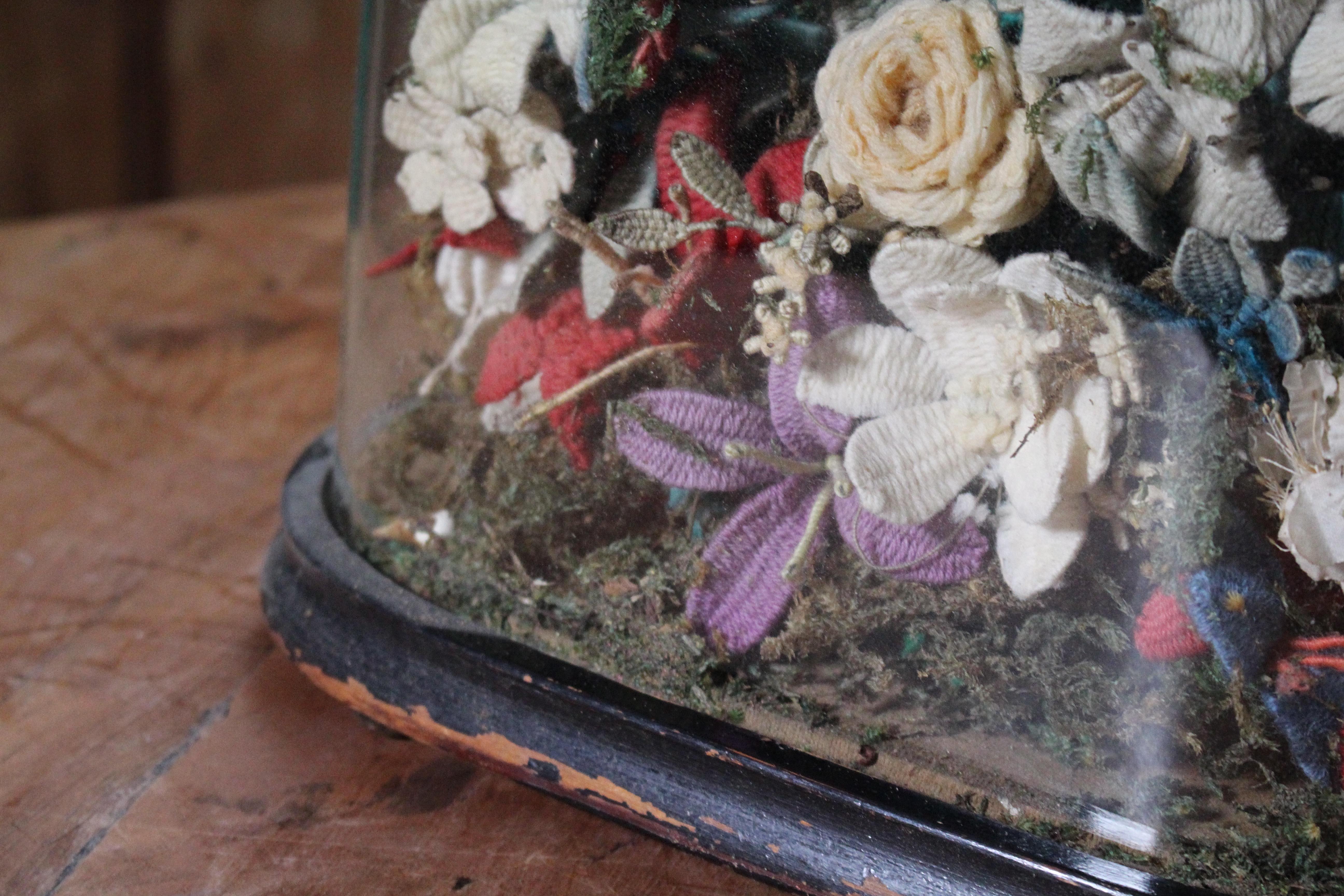 English Early 20th C Knitted Flower Display Under Glass Dome Stumpwork Folk Art Curio For Sale