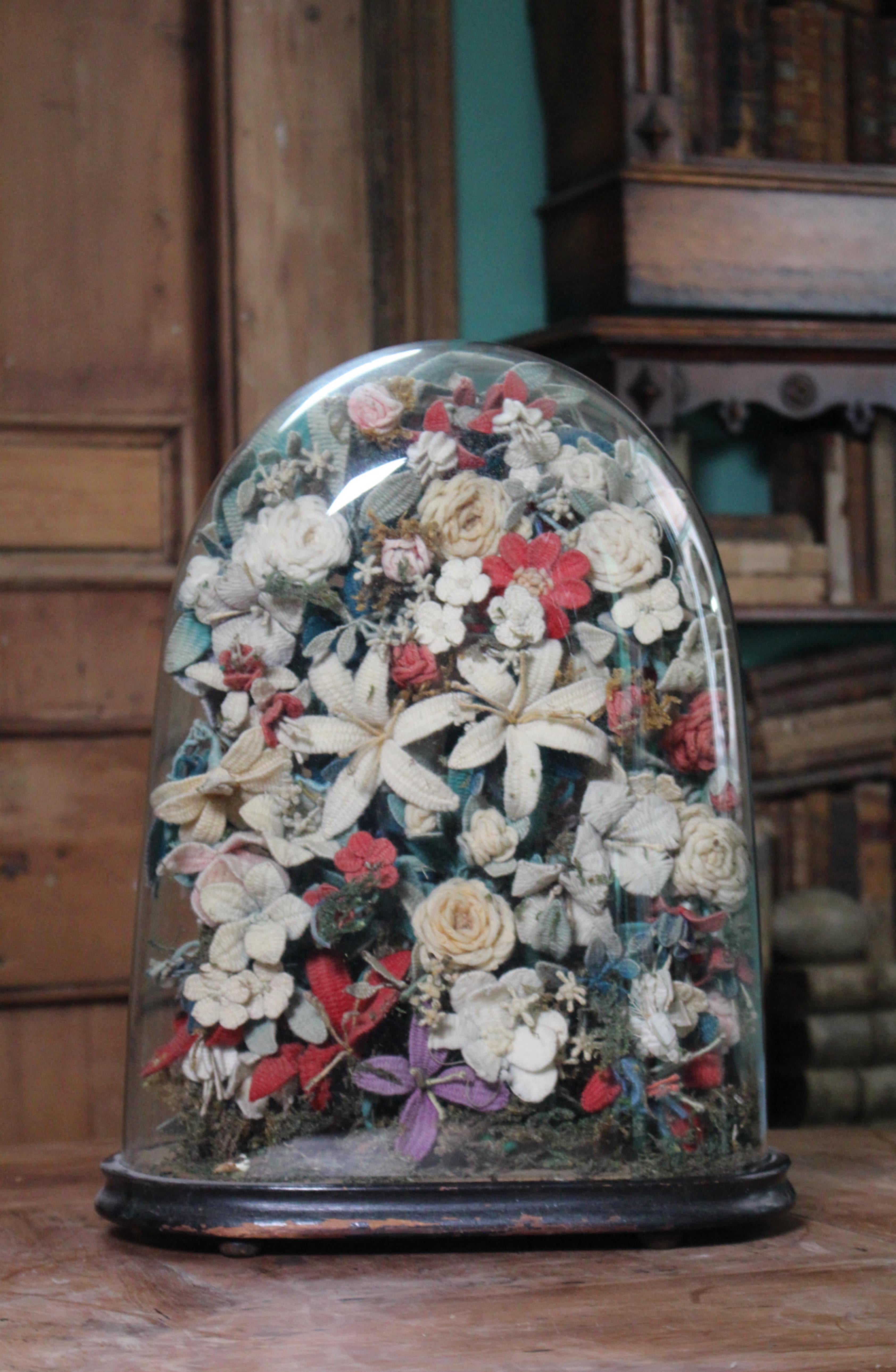 Early 20th C Knitted Flower Display Under Glass Dome Stumpwork Folk Art Curio In Good Condition For Sale In Lowestoft, GB