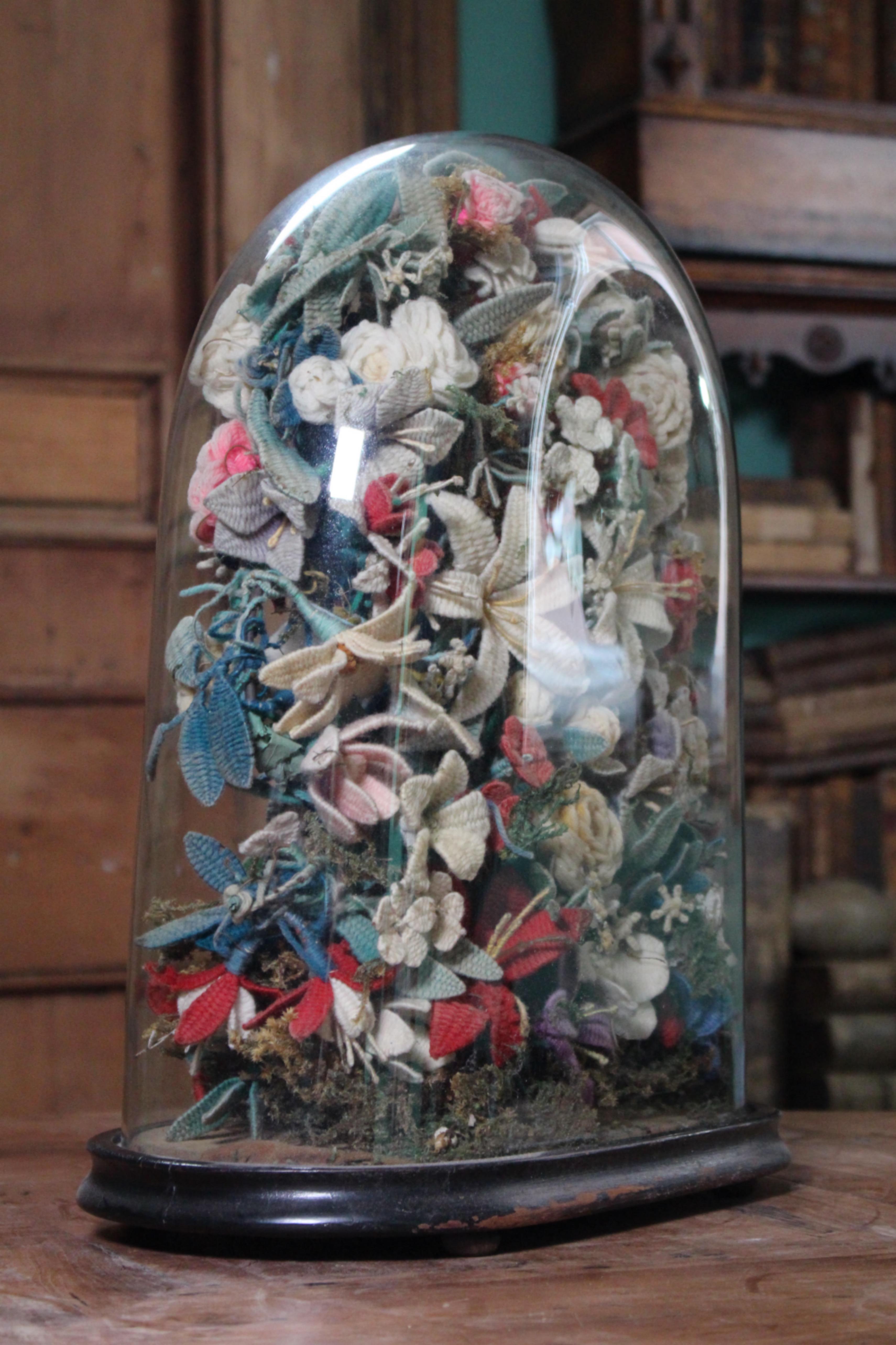 20th Century Early 20th C Knitted Flower Display Under Glass Dome Stumpwork Folk Art Curio For Sale