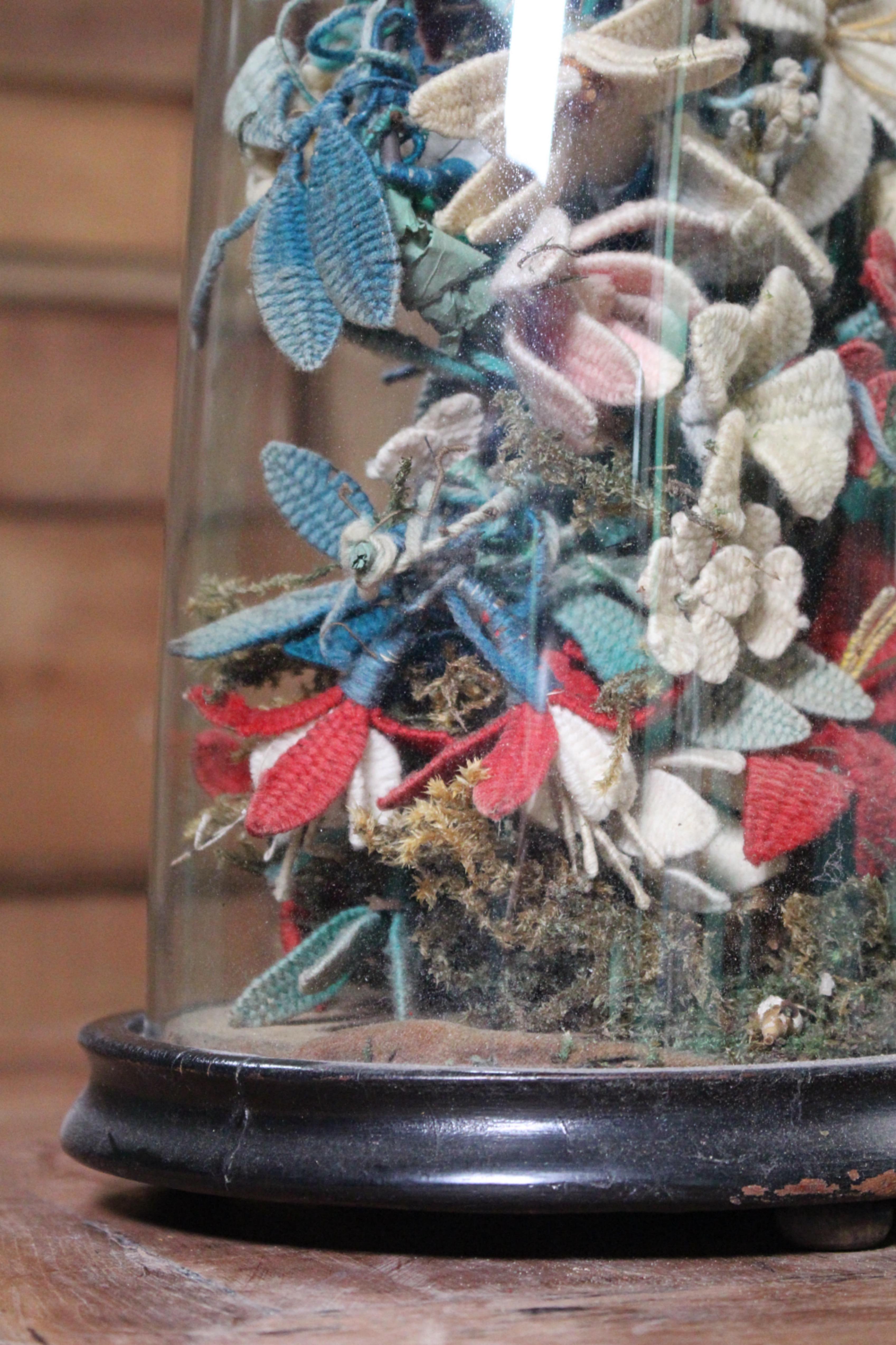 Wool Early 20th C Knitted Flower Display Under Glass Dome Stumpwork Folk Art Curio For Sale
