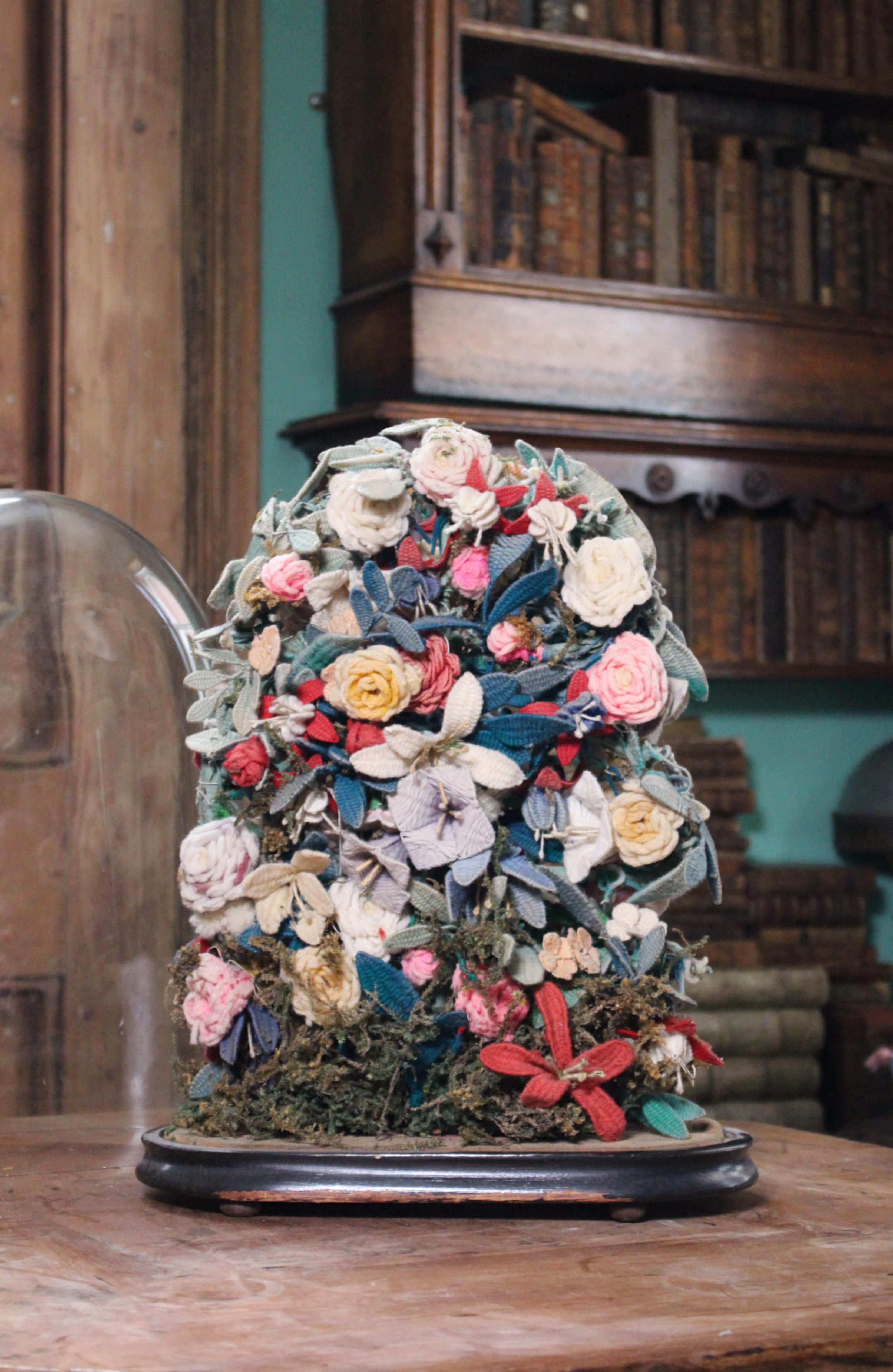 Early 20th C Knitted Flower Display Under Glass Dome Stumpwork Folk Art Curio For Sale 1