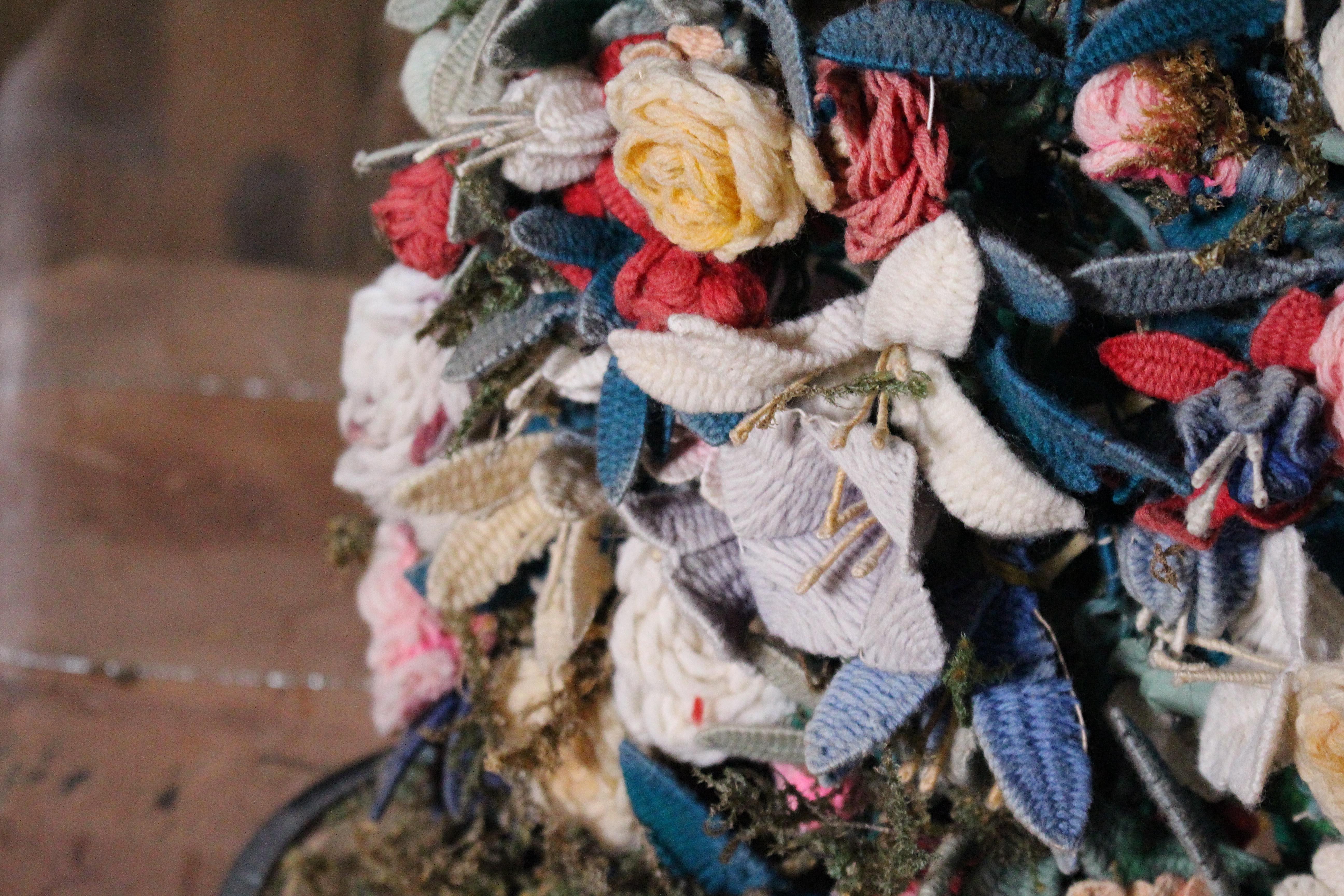 Early 20th C Knitted Flower Display Under Glass Dome Stumpwork Folk Art Curio For Sale 2