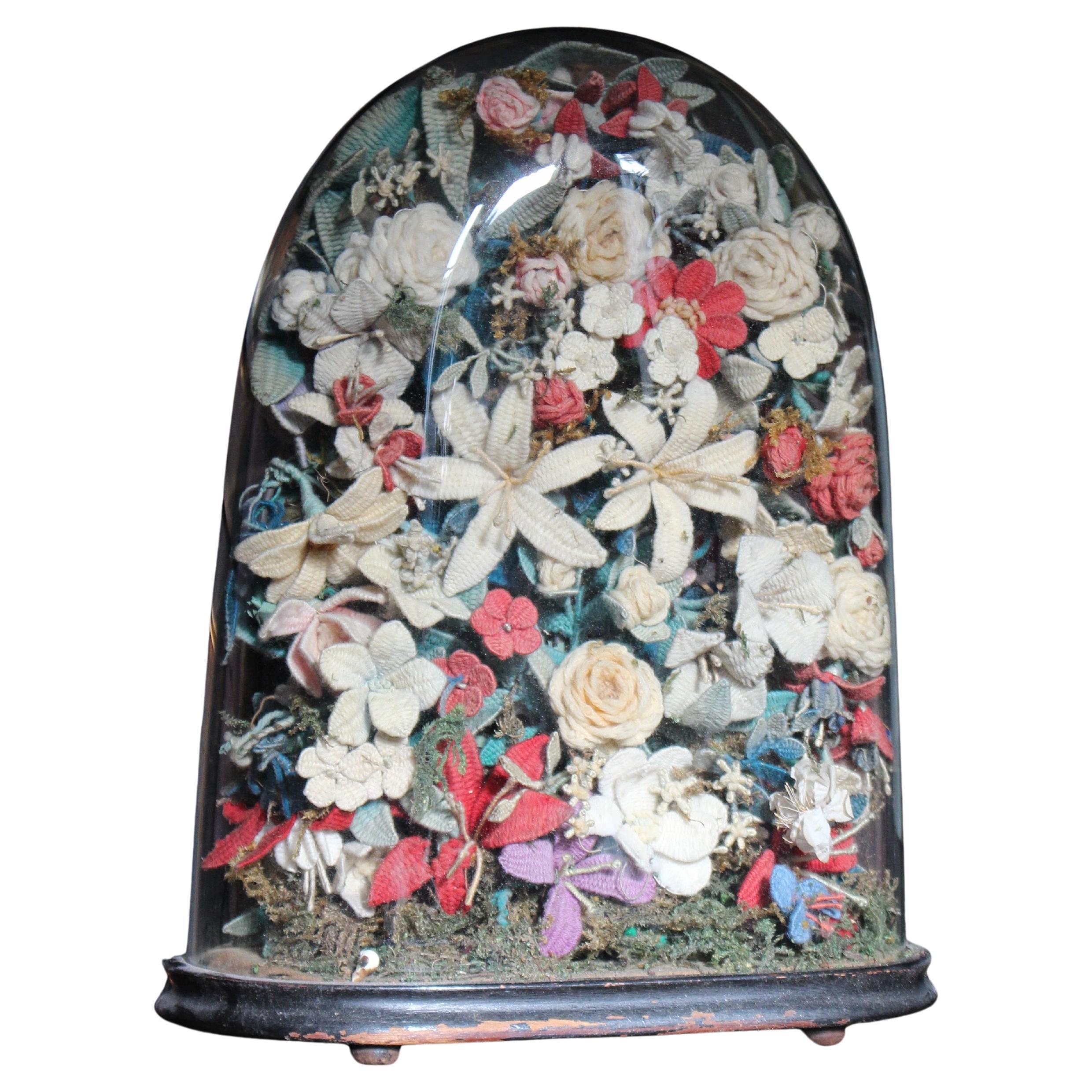 Early 20th C Knitted Flower Display Under Glass Dome Stumpwork Folk Art Curio For Sale