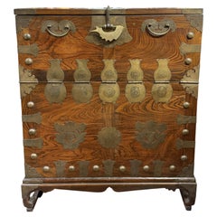 Early 20th c Korean Elmwood Bandaji Chest with Decorative Brass Hardware