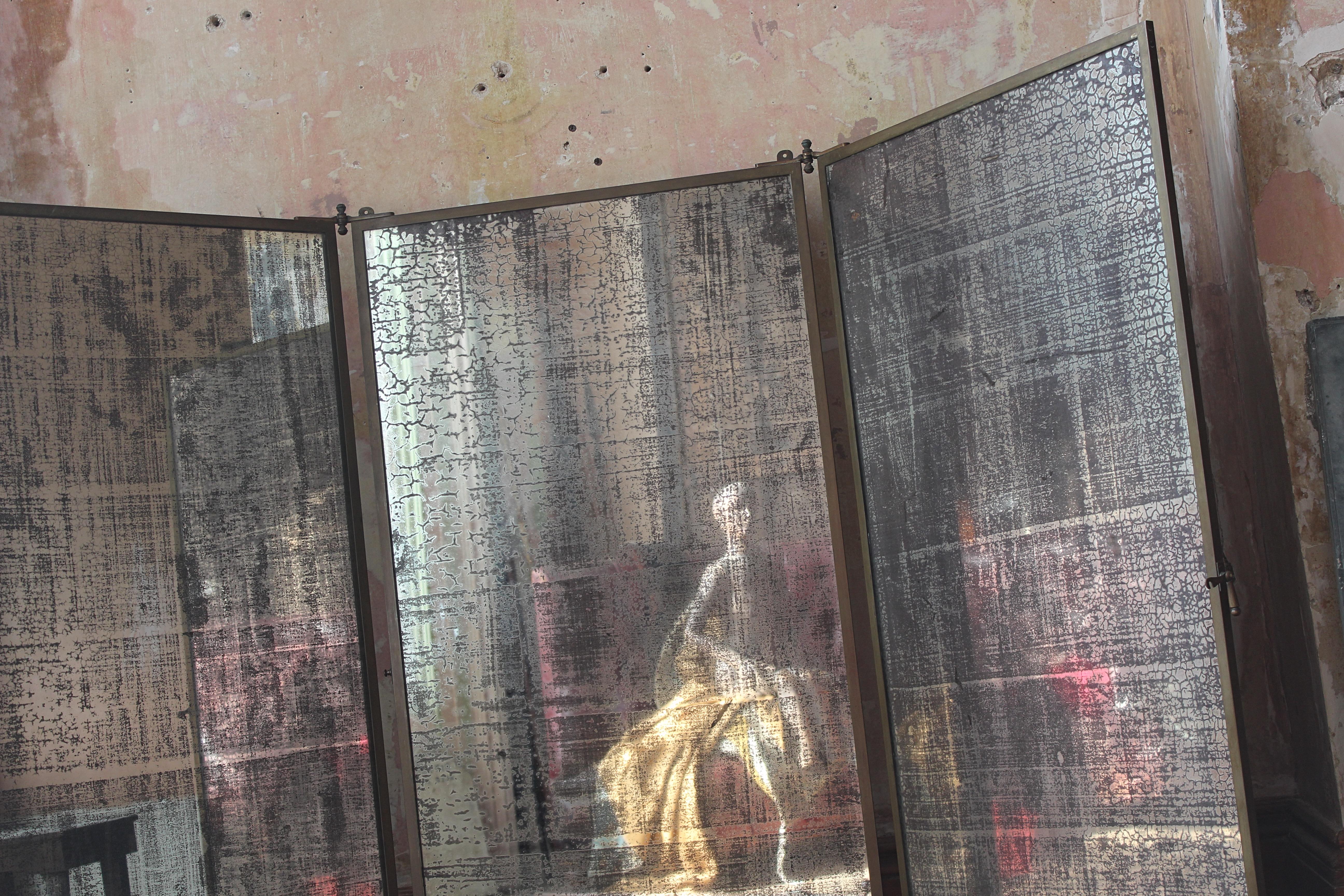 Early 20th C Large Brot Brass Bound Triptych Oxidised Foxed Dressing Mirror 9