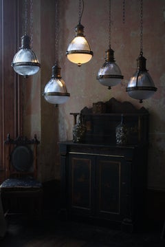 Early 20th C Large Caged Brass Glass Holophane Lanterns Lights Five Available