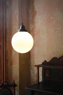Early 20th C Large Church Opaline Glass Globe & Bronze Light Pendant