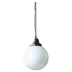 Antique Early 20th C Large Church Opaline Glass Globe & Bronze Light Pendant
