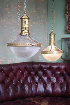 Large French Caged Brass Glass Holophane Lanterns Two Available