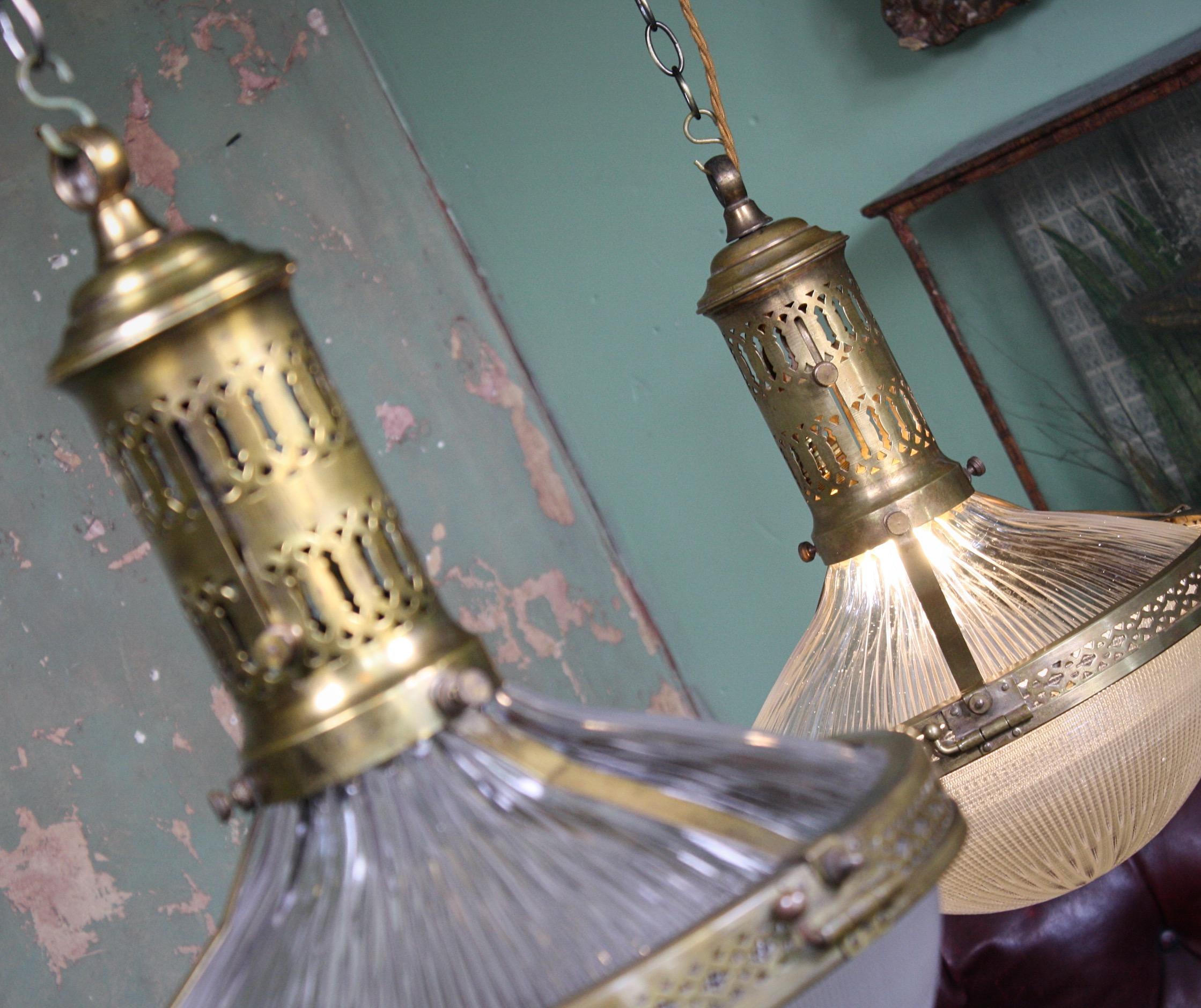 Large French Caged Brass Glass Holophane Lanterns Two Available In Good Condition In Lowestoft, GB