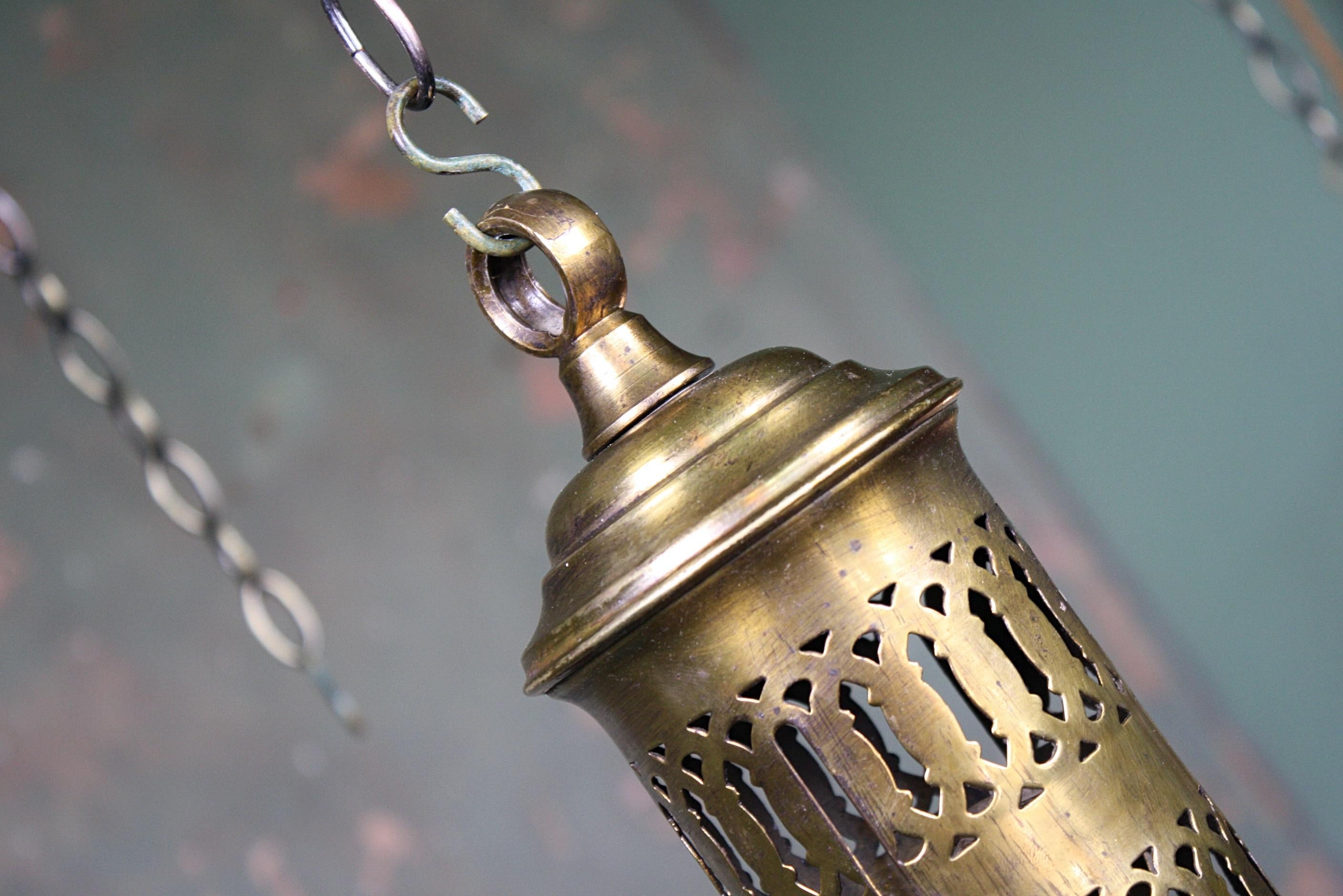 20th Century Large French Caged Brass Glass Holophane Lanterns Two Available