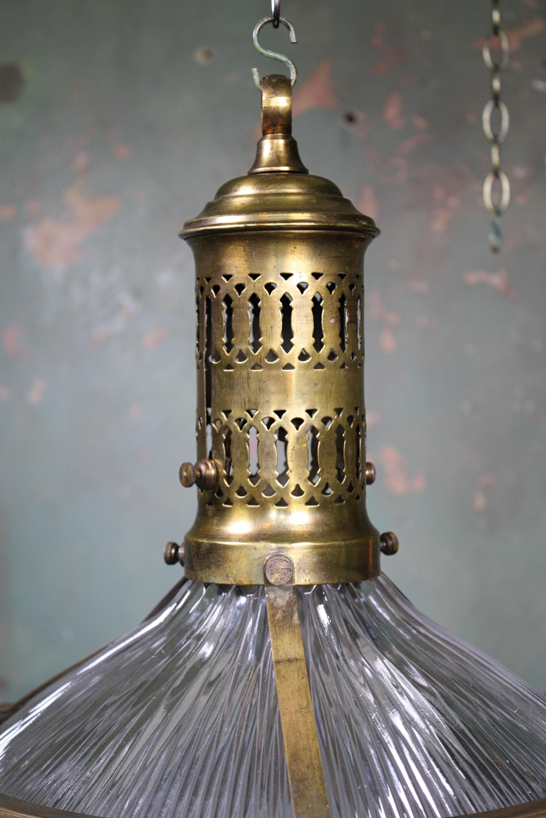 Large French Caged Brass Glass Holophane Lanterns Two Available 3