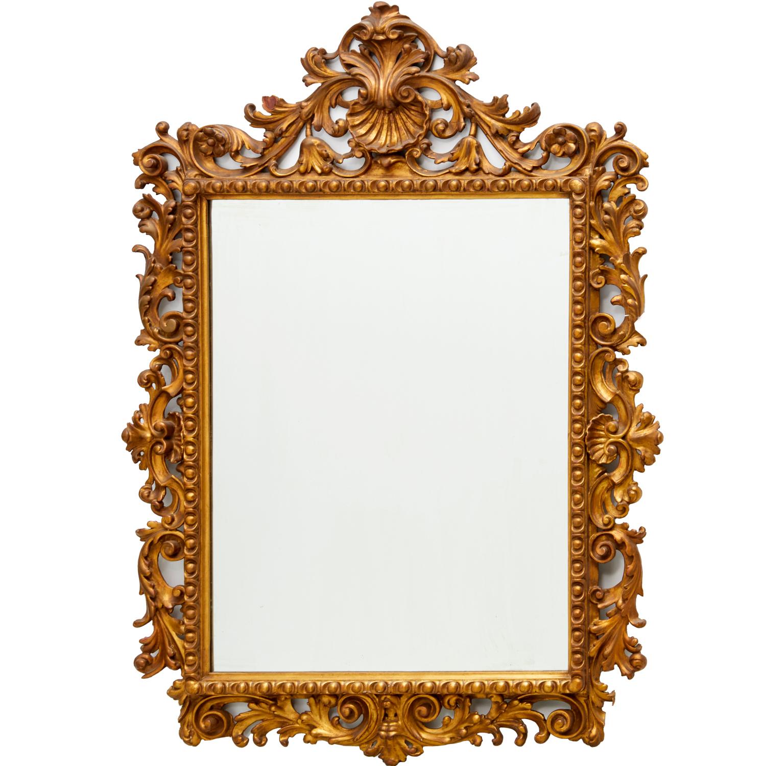A.I.C., début du 20e siècle. Grand miroir en bois doré de style George III avec crête en coquillage  en vente 2