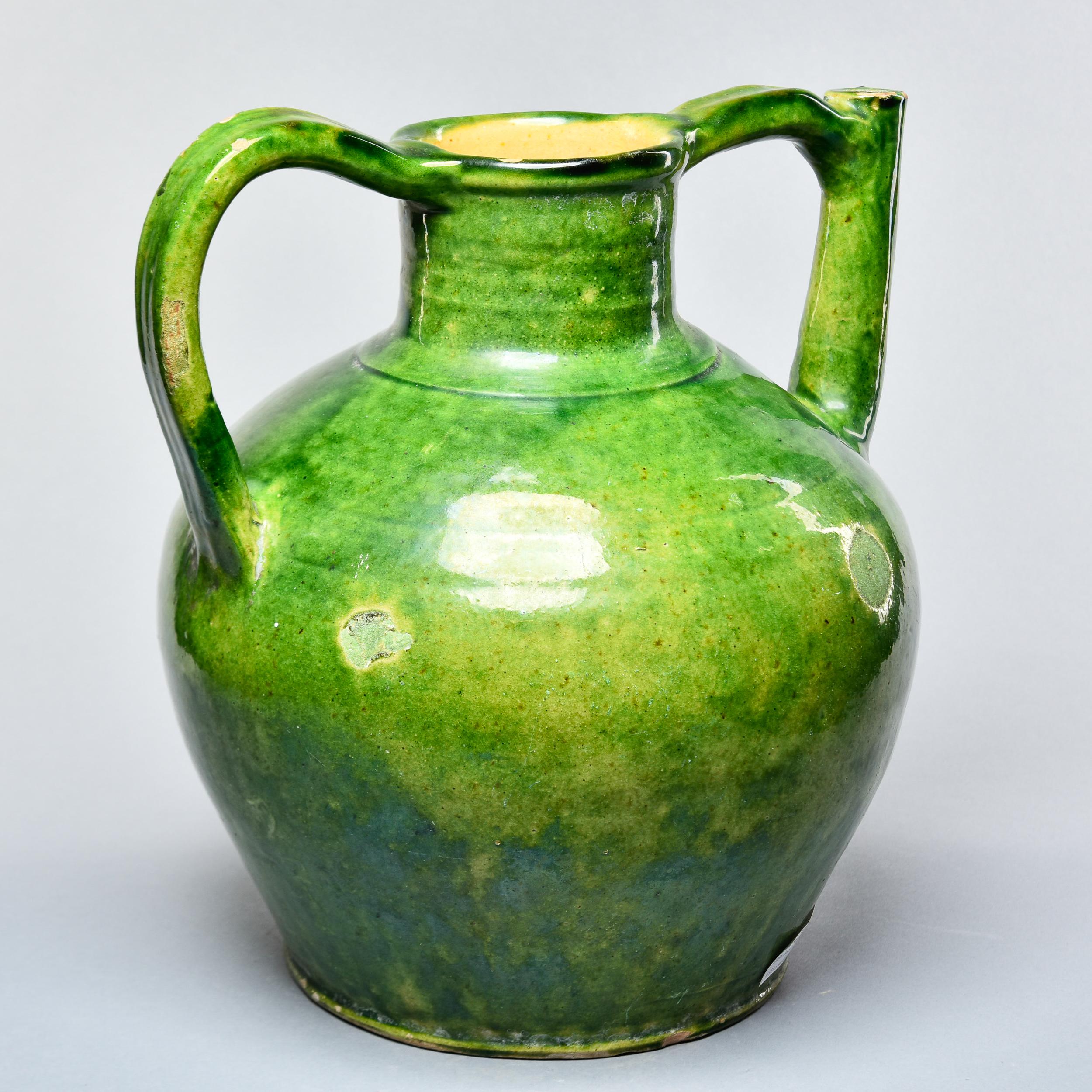 Glazed Early 20th C Large Green French Two Handle Water Jug