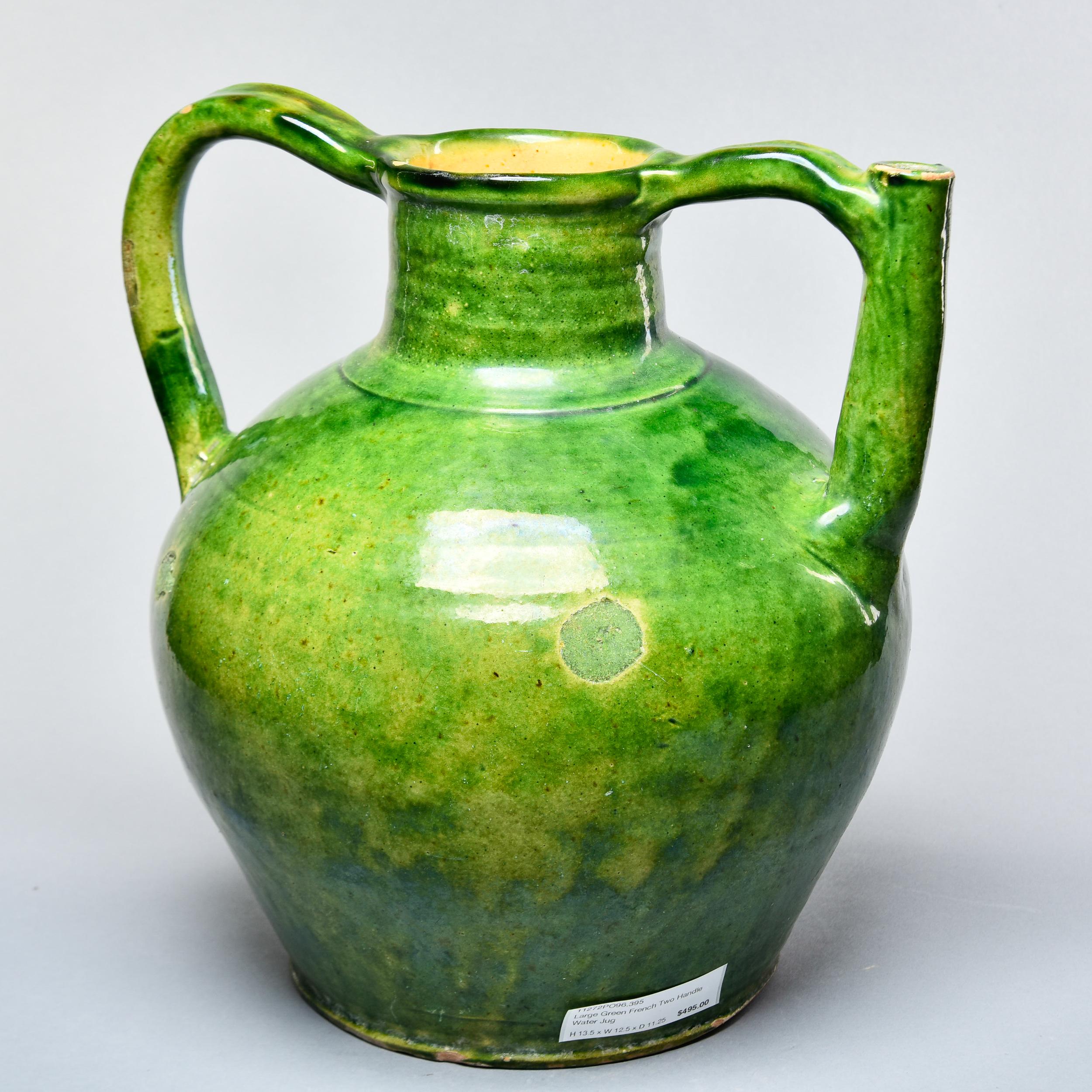 Early 20th C Large Green French Two Handle Water Jug In Good Condition In Troy, MI