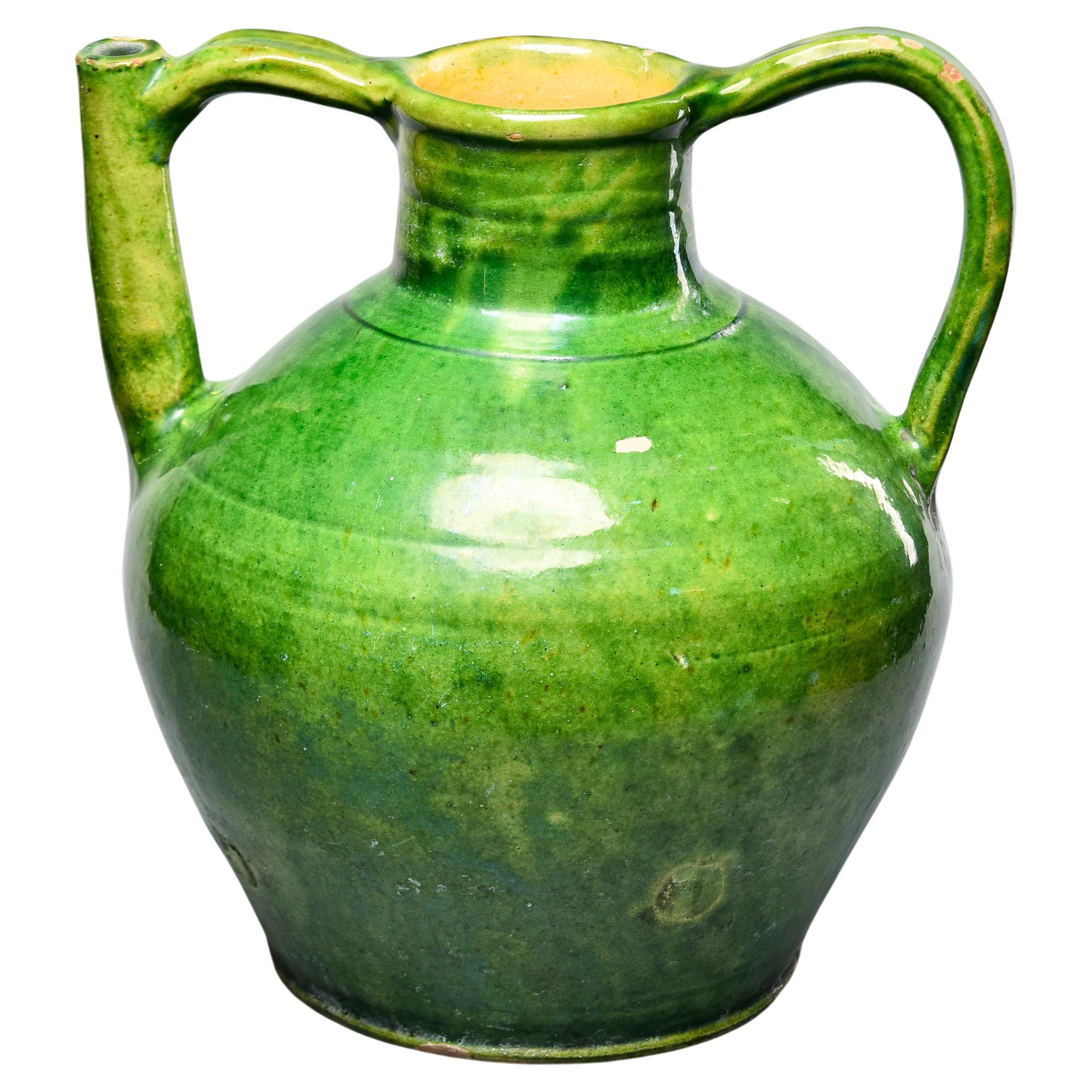 Early 20th C Large Green French Two Handle Water Jug