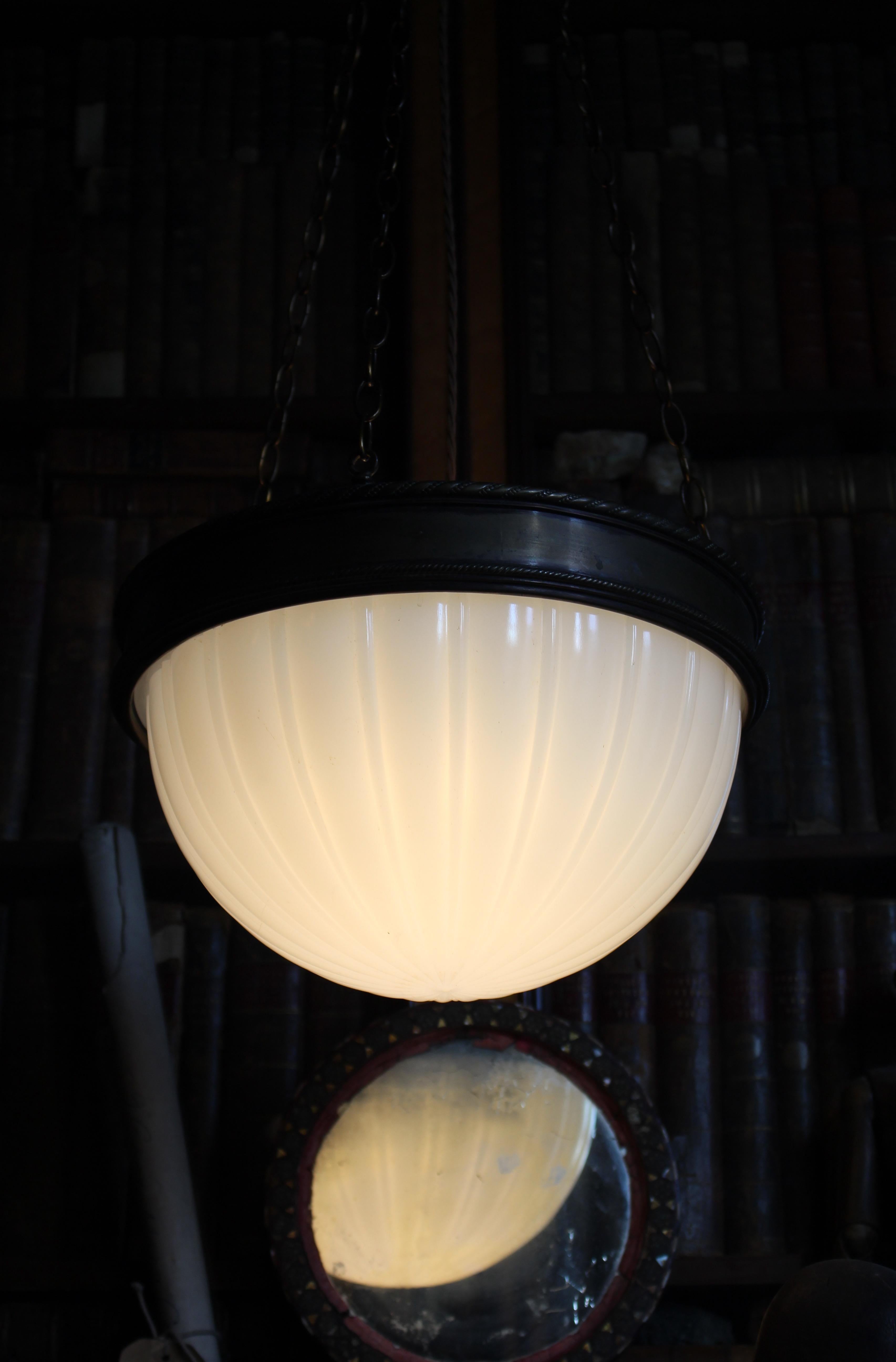 English Early 20th C large Jefferson Milk Glass Edwardian Plafonnier Pendant Light