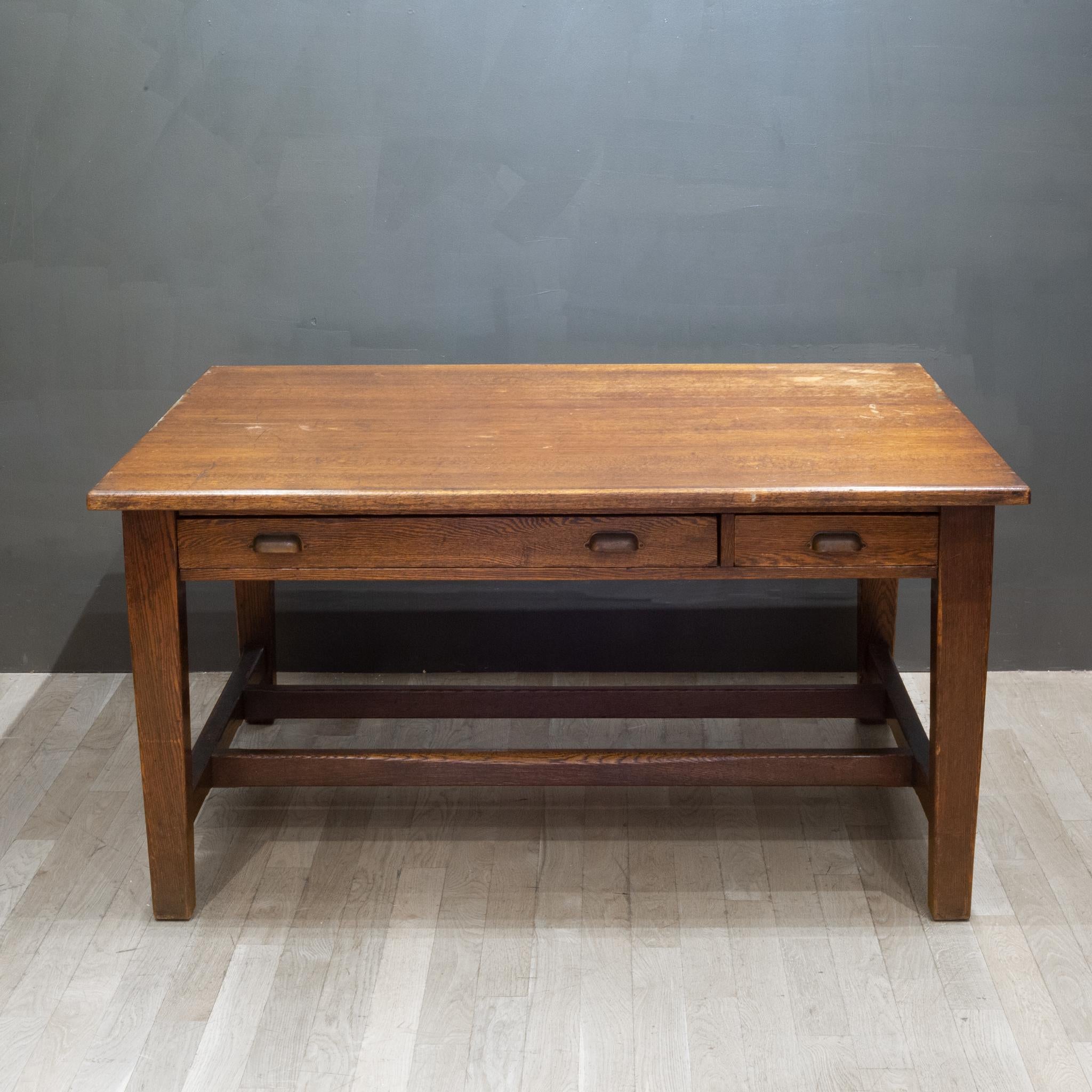Industrial Early 20th C Large Tiger Oak Double Person Desk, C.1930-1940