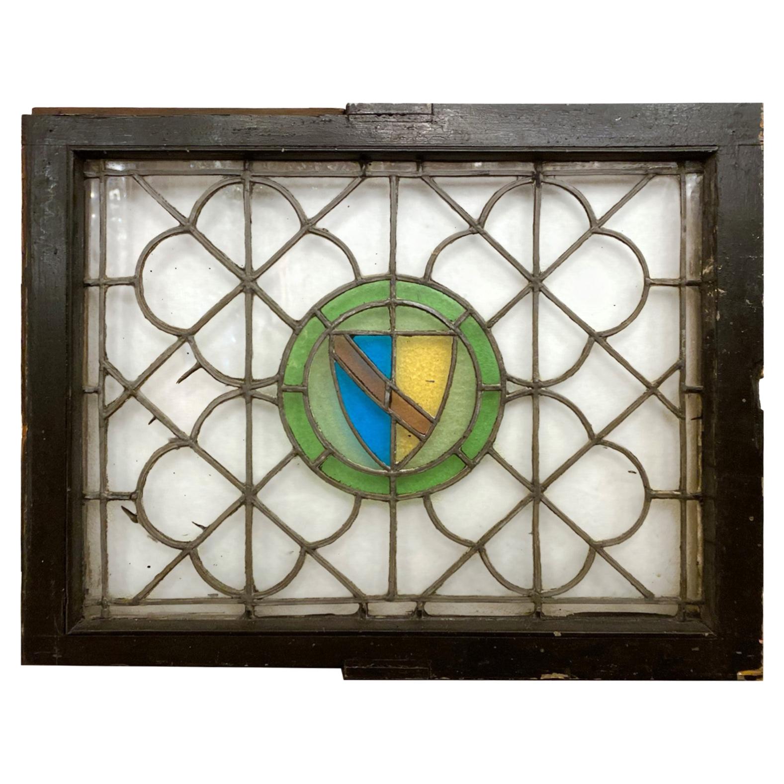 Early 20th C. Leaded Stained Glass Window with a Quatrefoil and Shield Motif