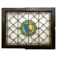 Early 20th C. Leaded Stained Glass Window with a Quatrefoil and Shield Motif