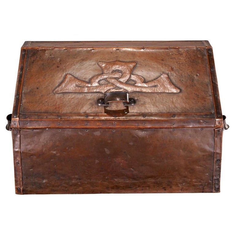 Early 20th C. Liberty and Co. Arts and Crafts Copper Wrapped Log Box with Handles For Sale at