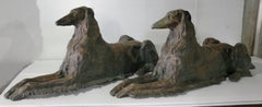 Early 20th-C. Life-Size Recumbent Patinated Bronze Borzoi Dogs, Mirrored Pair