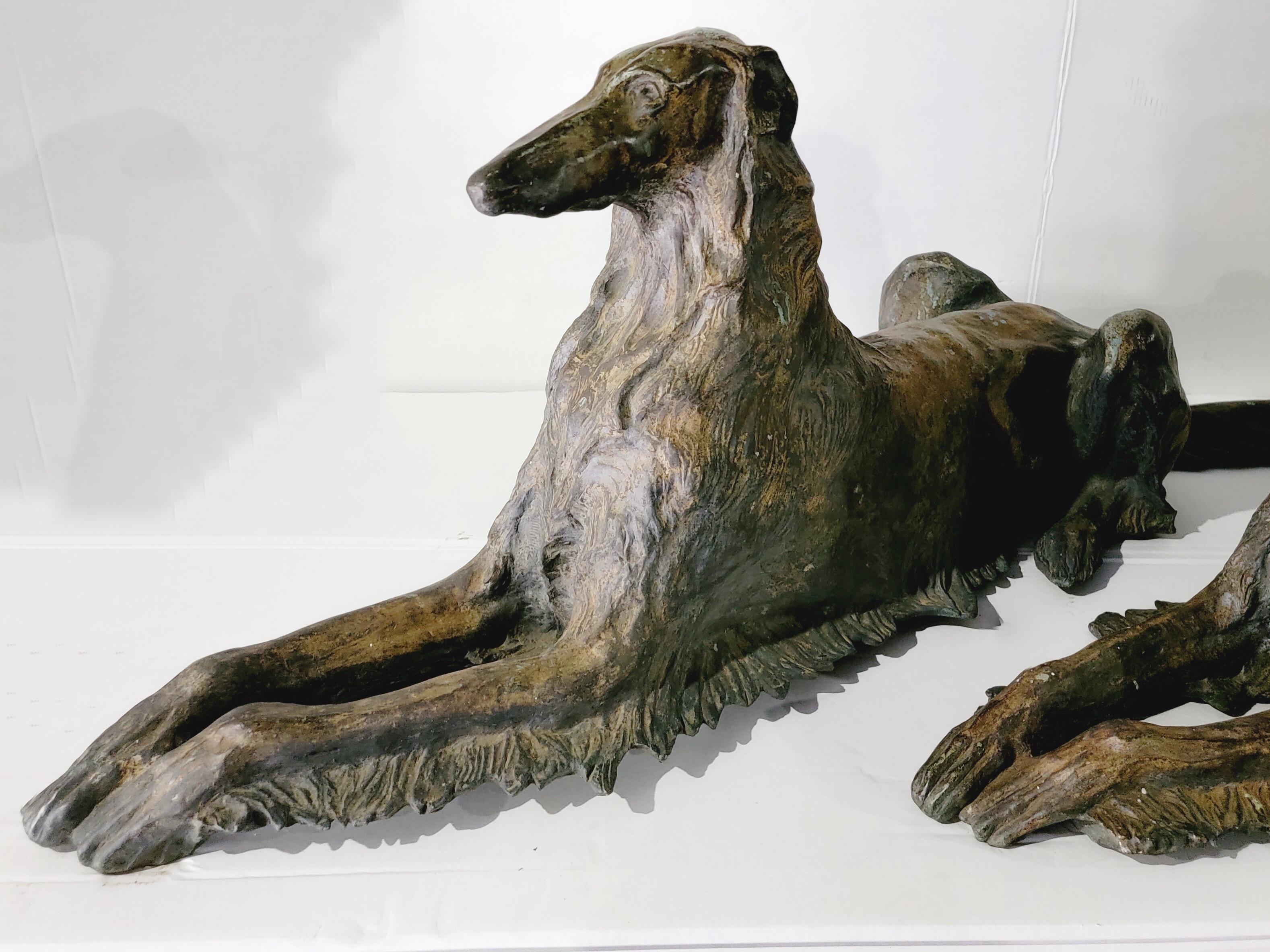 European Early 20th-C. Life-Size Recumbent Patinated Bronze Borzoi Dogs, Mirrored Pair