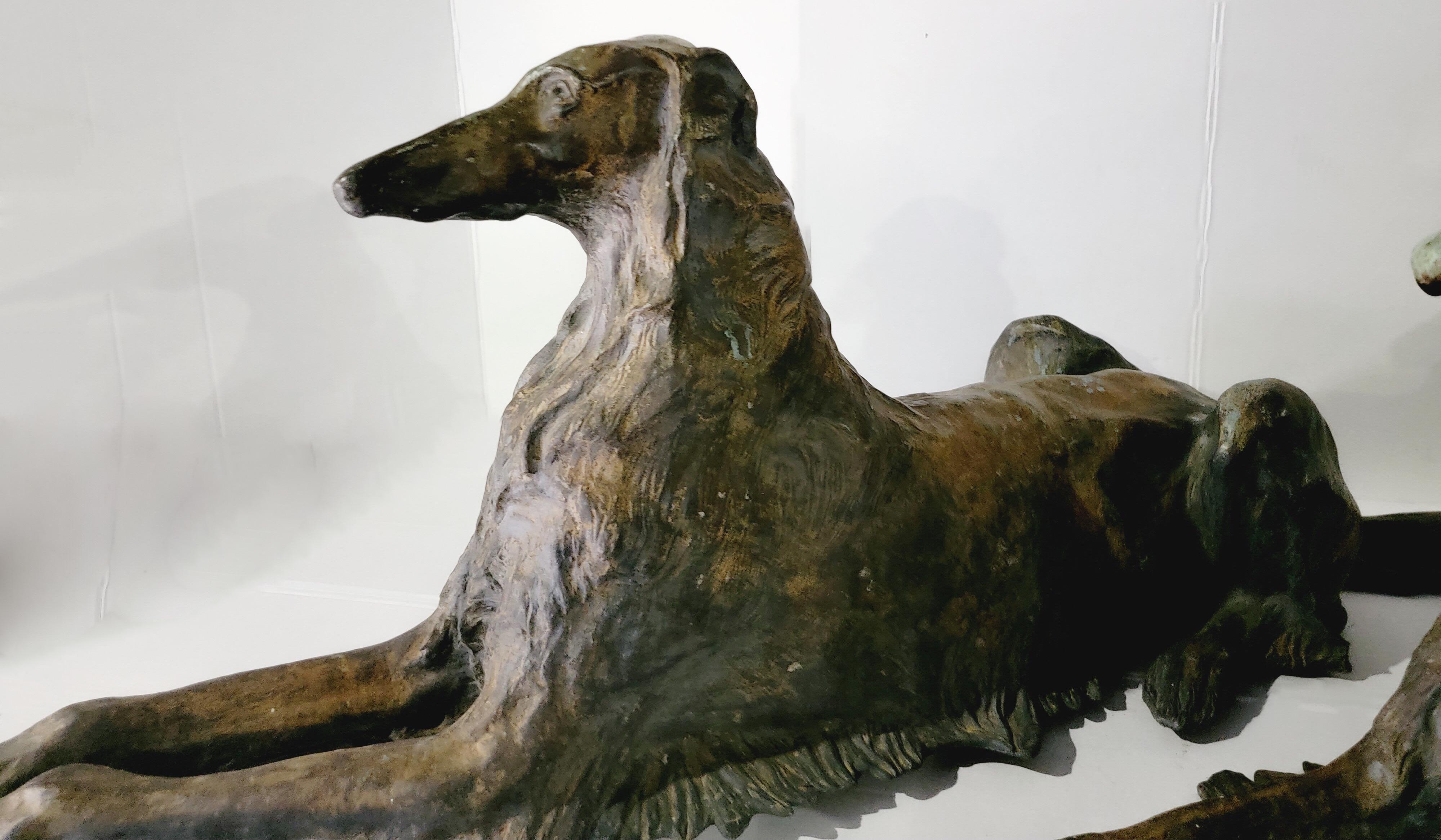 20th Century Early 20th-C. Life-Size Recumbent Patinated Bronze Borzoi Dogs, Mirrored Pair